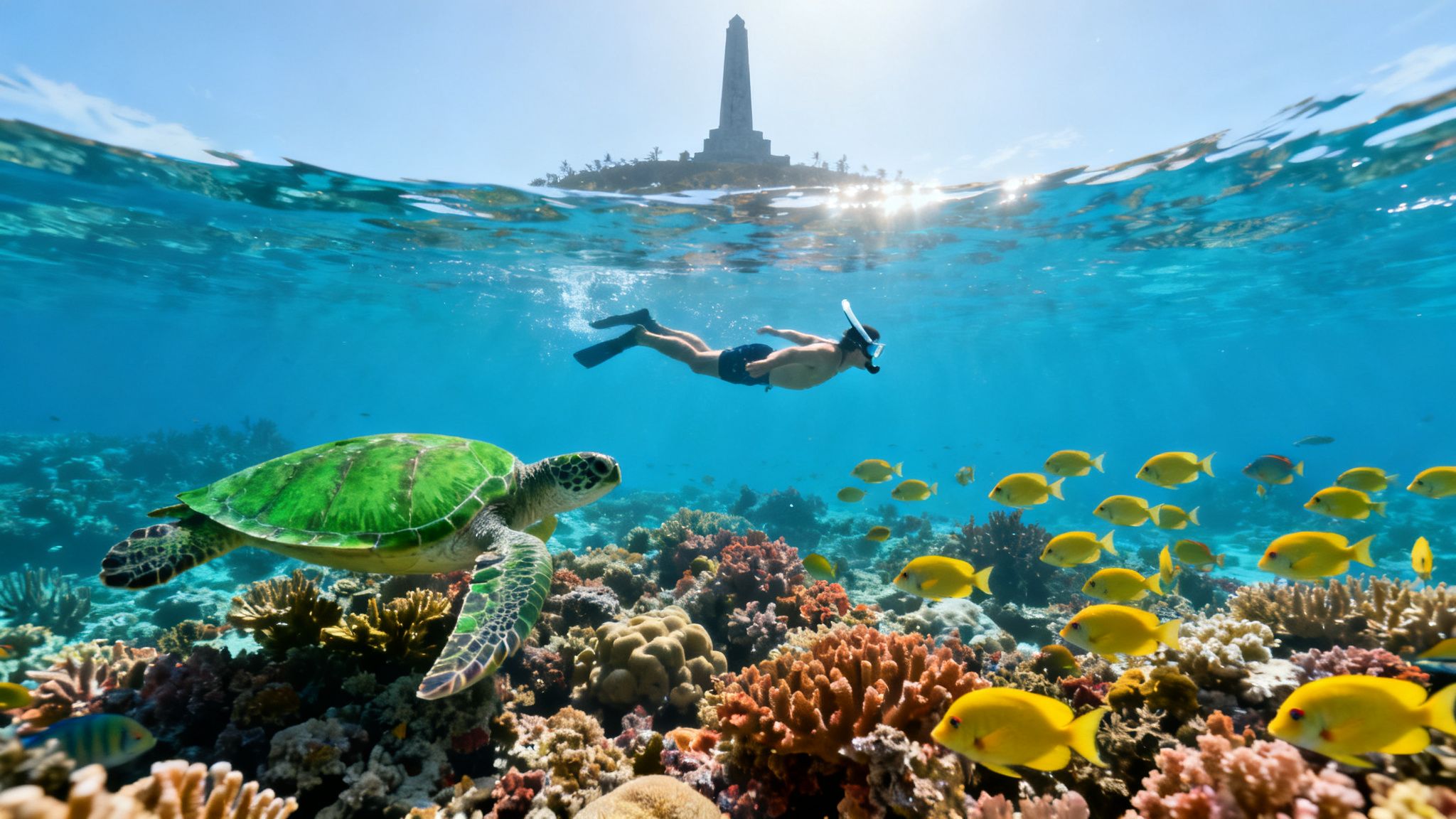 A vibrant split-level shot showing a snorkeler, sea turtle, fish, and coral reef underwater, with an island monument above.