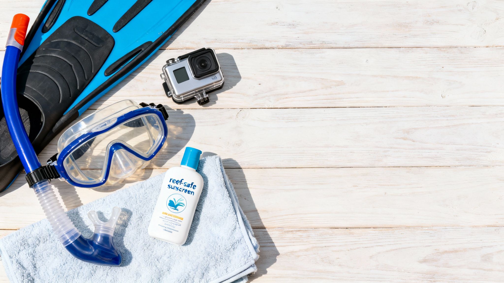 Snorkeling gear, including fins, mask, snorkel, reef-safe sunscreen, and an action camera on a wooden surface.