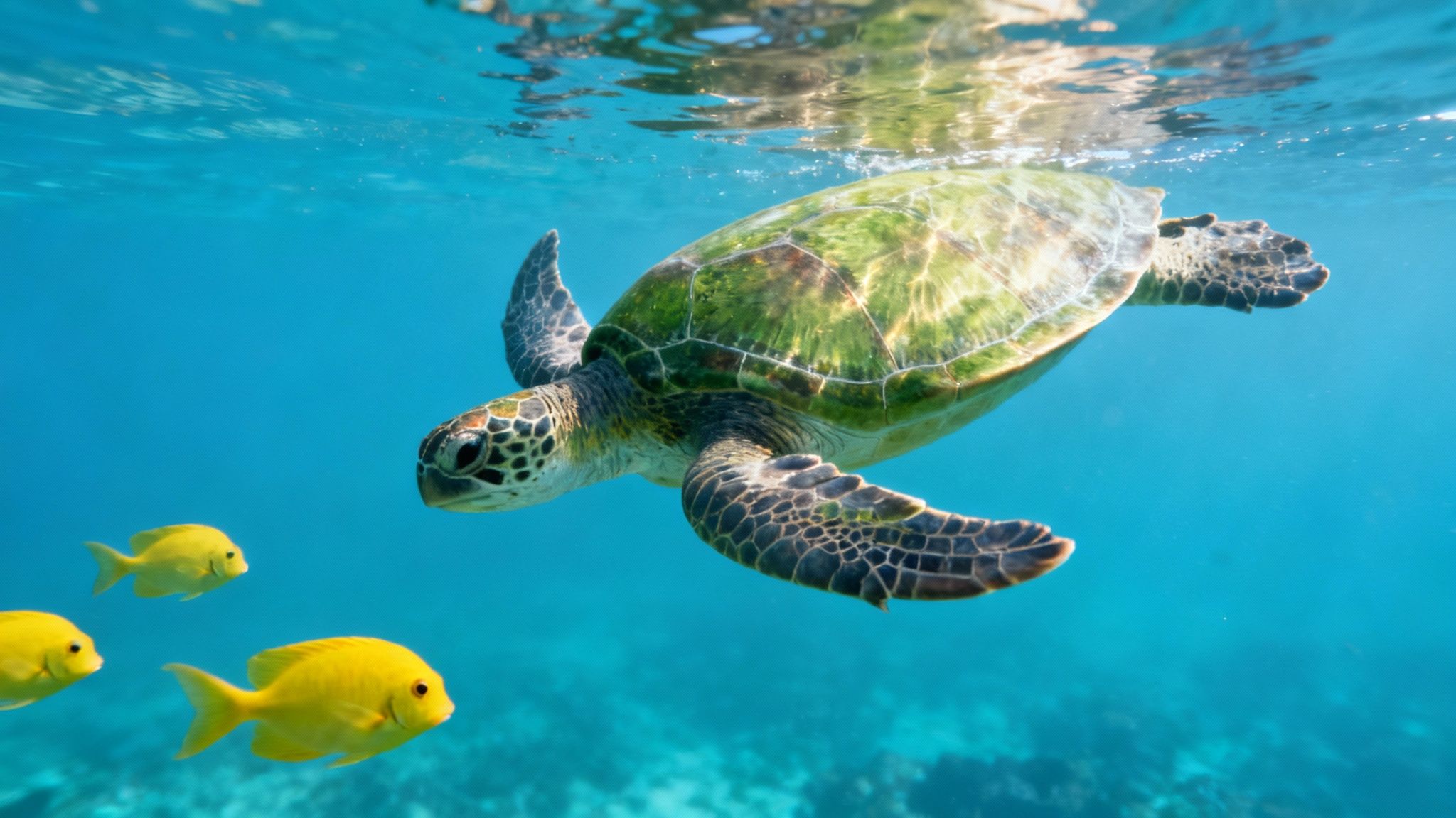 Colorful tropical fish swimming in the clear blue waters of Kealakekua Bay near the Captain Cook Monument.
