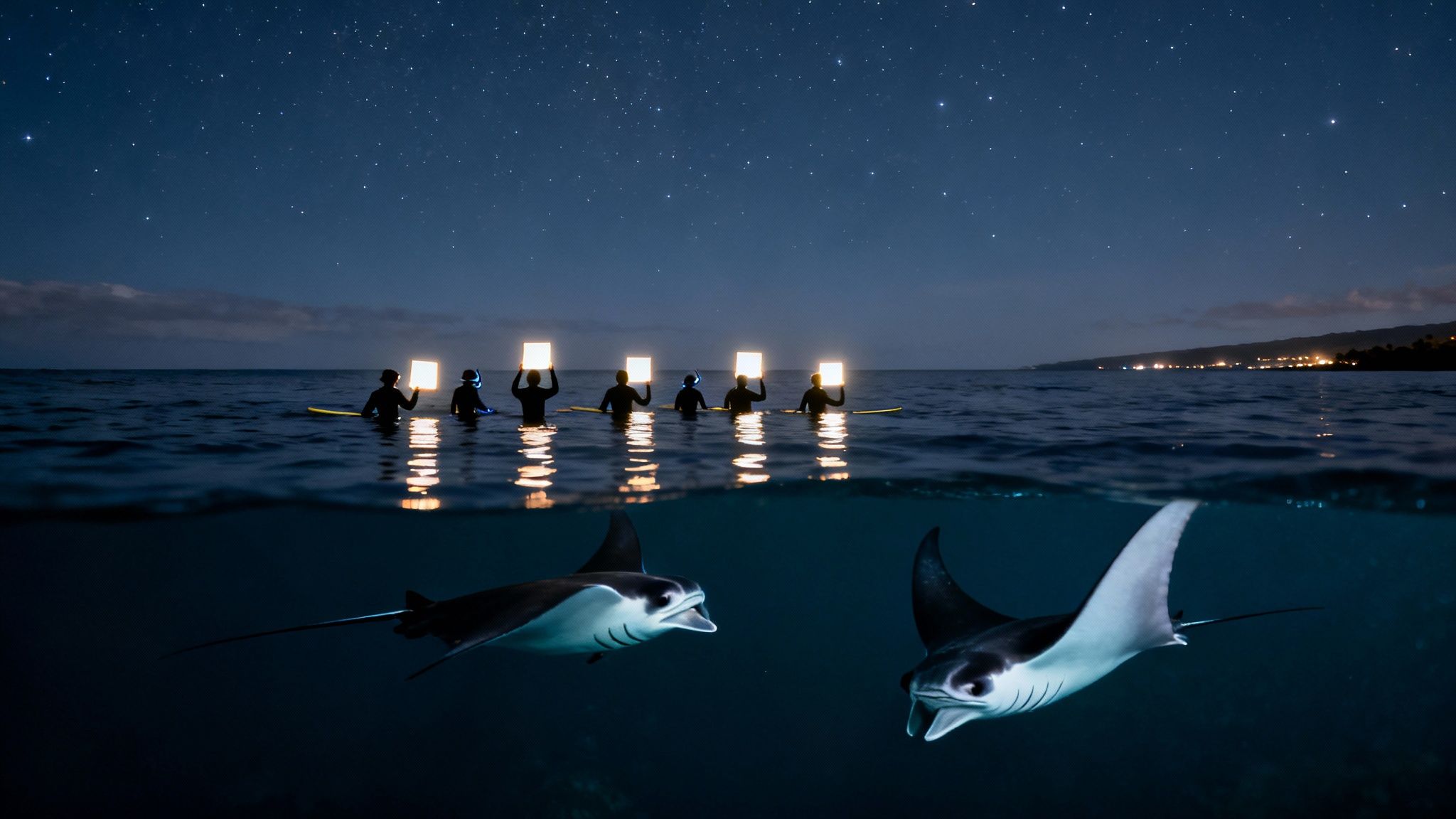 Two manta rays swim below the surface as snorkelers hold bright lights under a starry night sky.