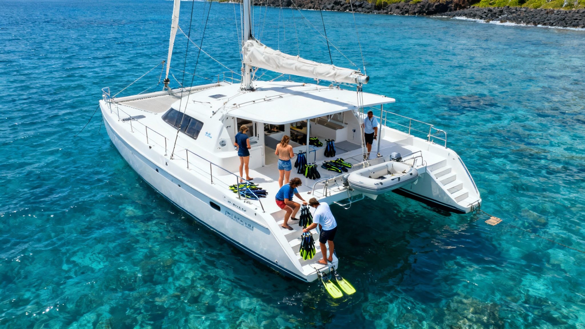 A tour boat anchored in the clear turquoise waters of Kealakekua Bay near the Captain Cook Monument.