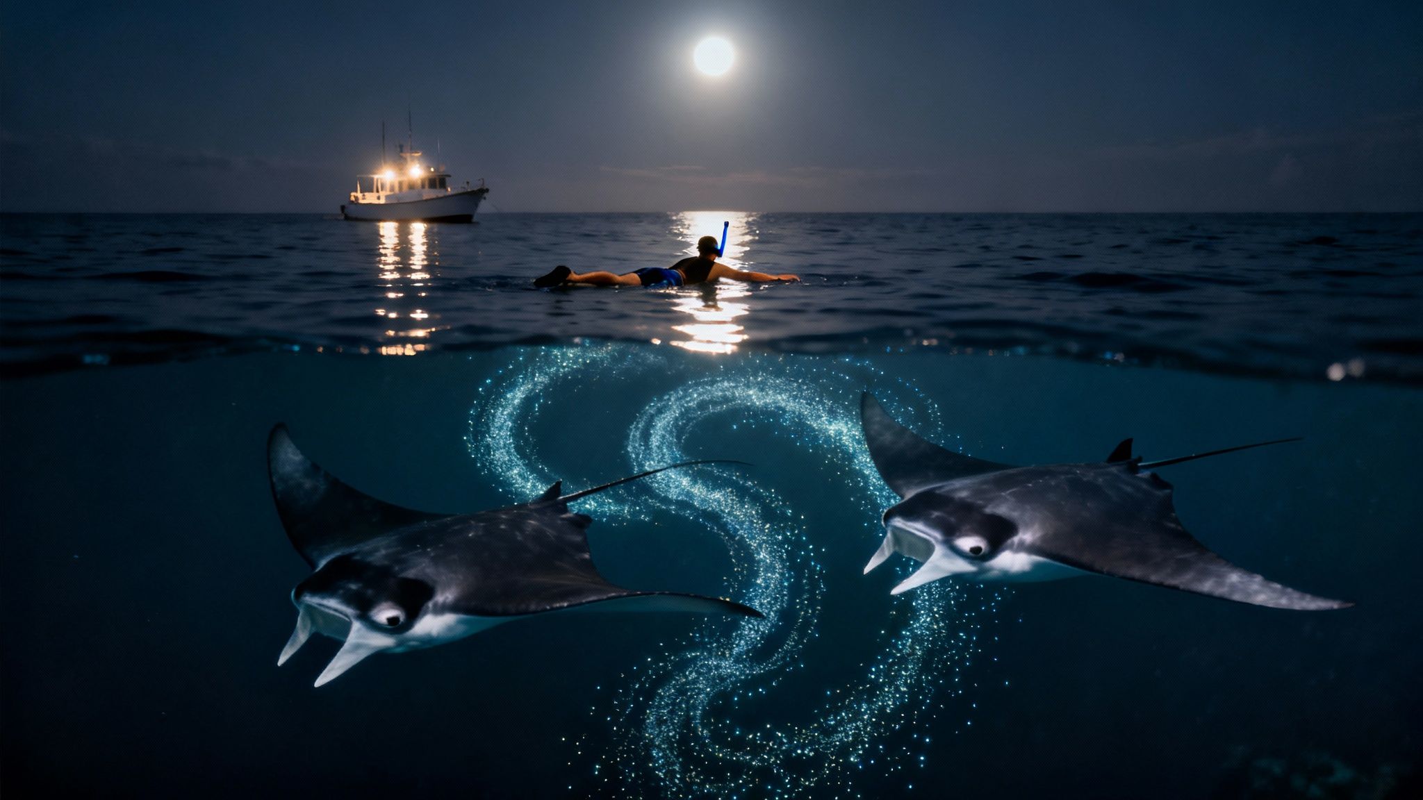 Night scene with a snorkeler and boat above water, two manta rays with glowing trails below.