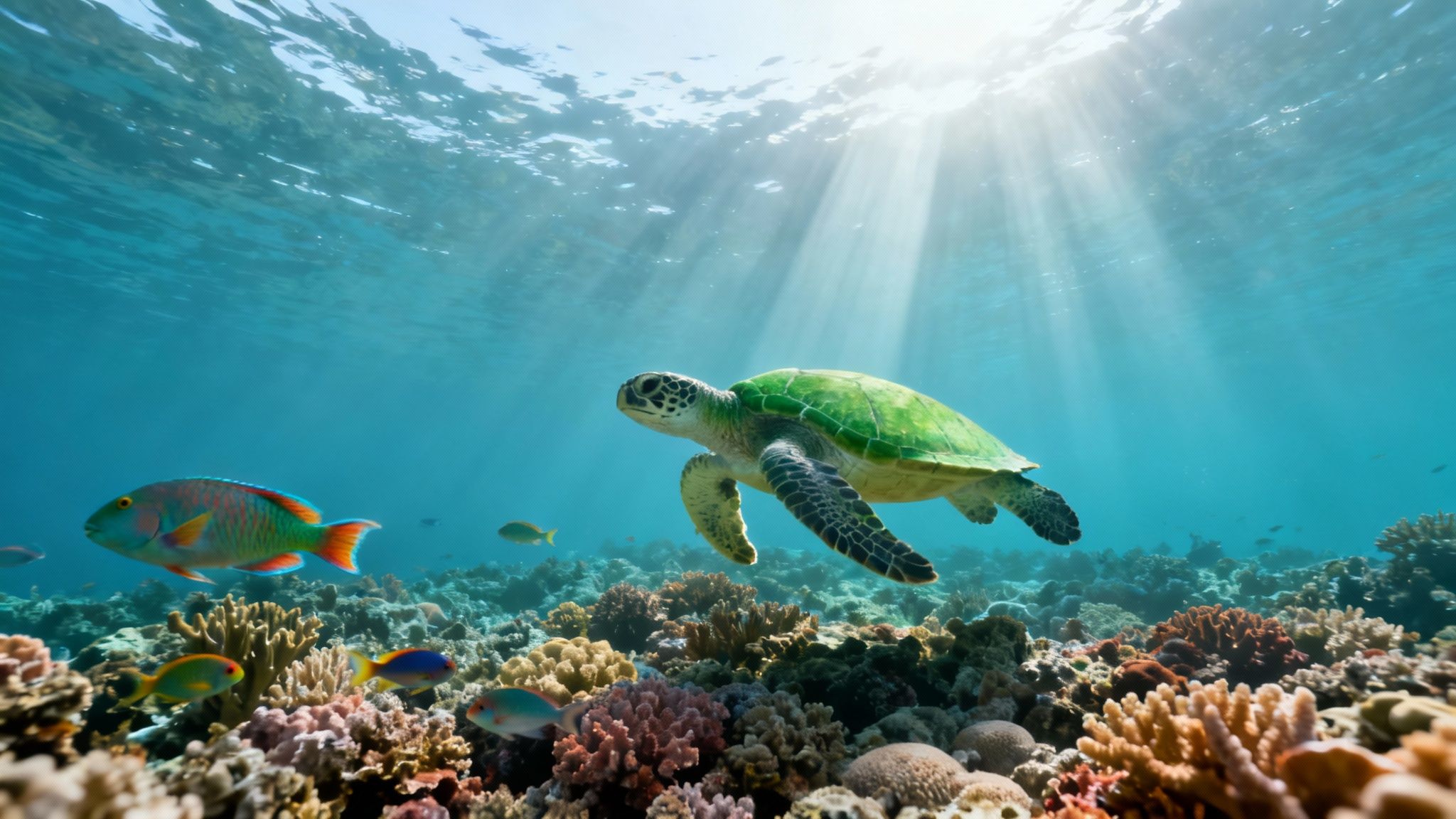 Turtle grazing among vibrant corals