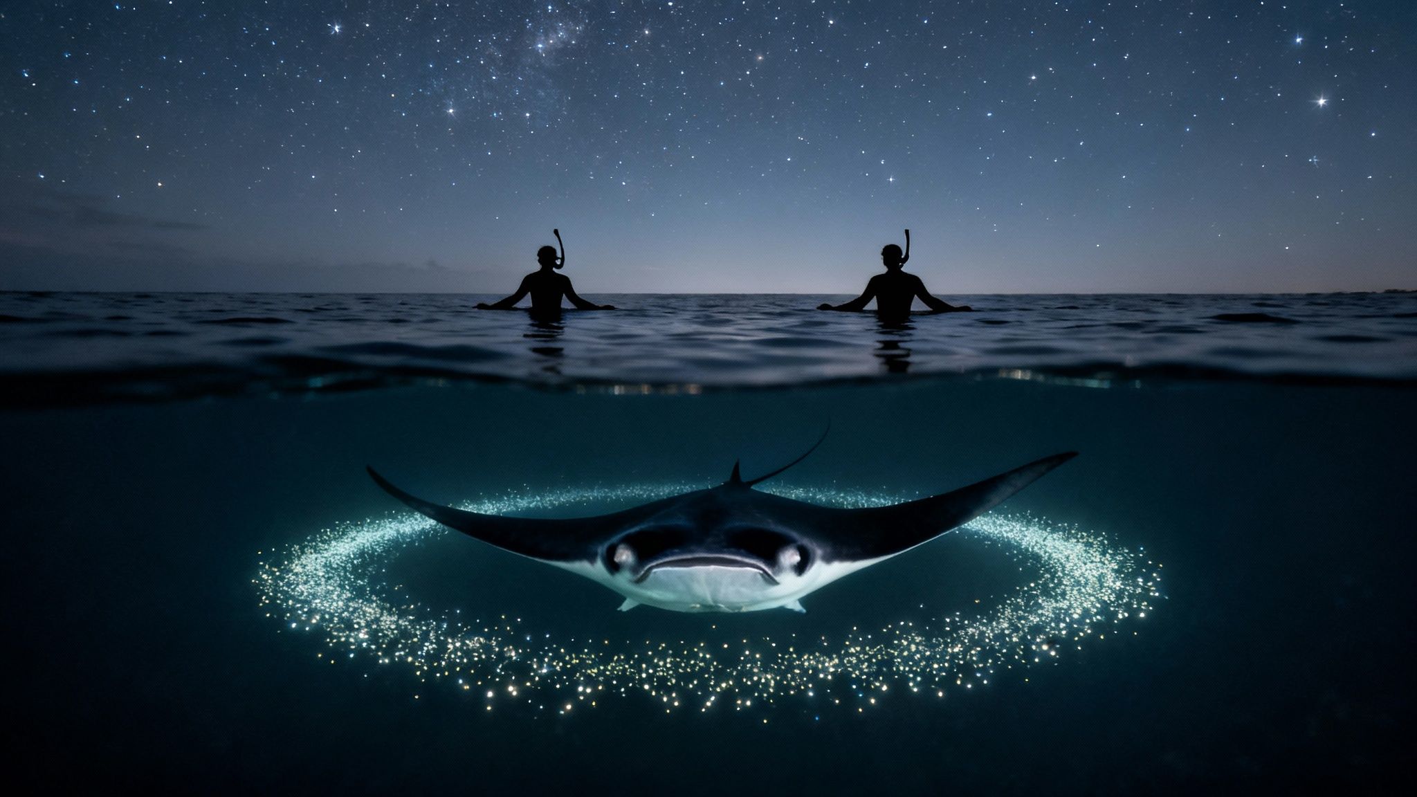 Two snorkelers under a starry night sky above a bioluminescent manta ray in dark ocean.