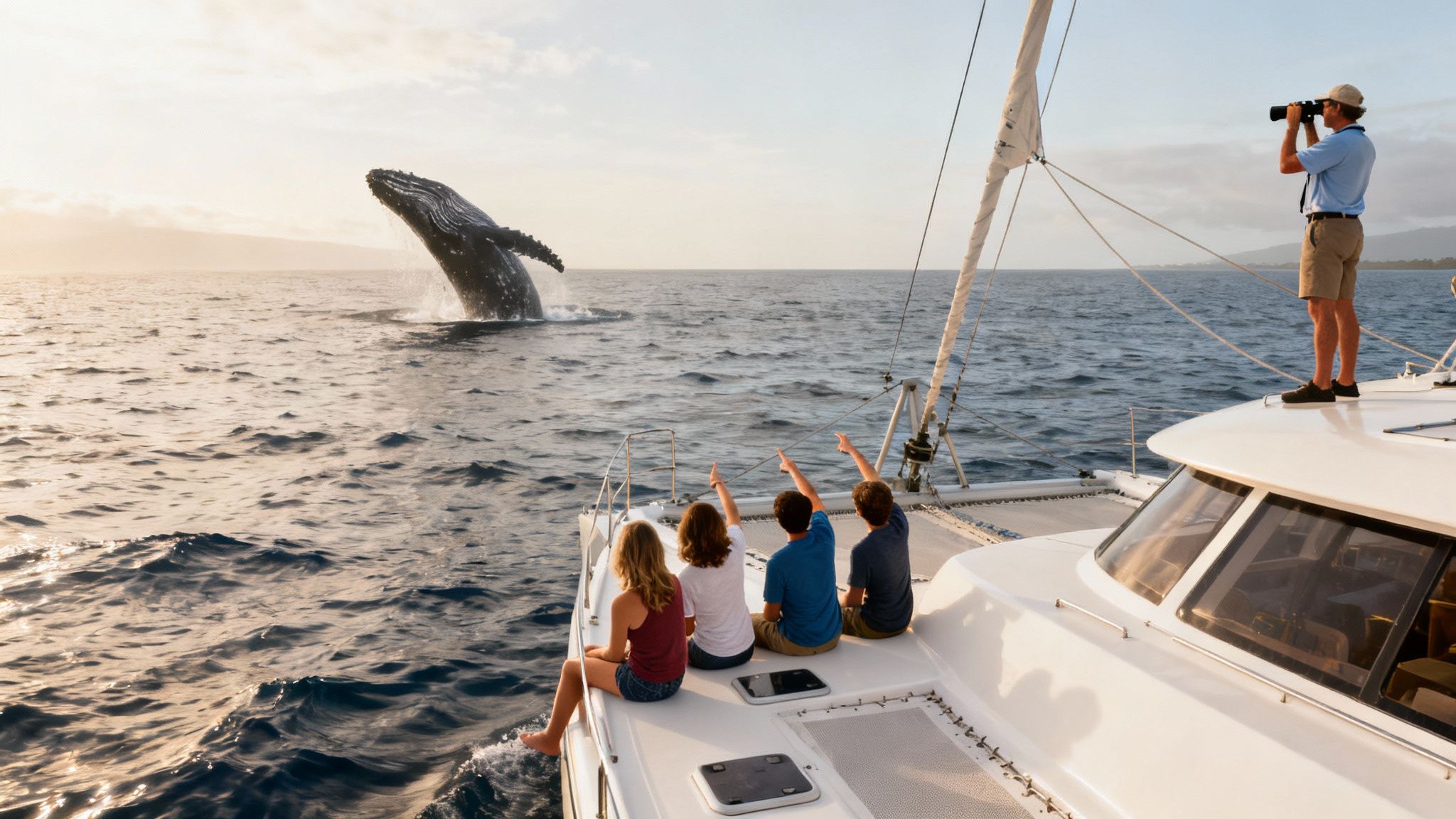 Excited tourists on a catamaran watch a magnificent humpback whale breaching out of the ocean.