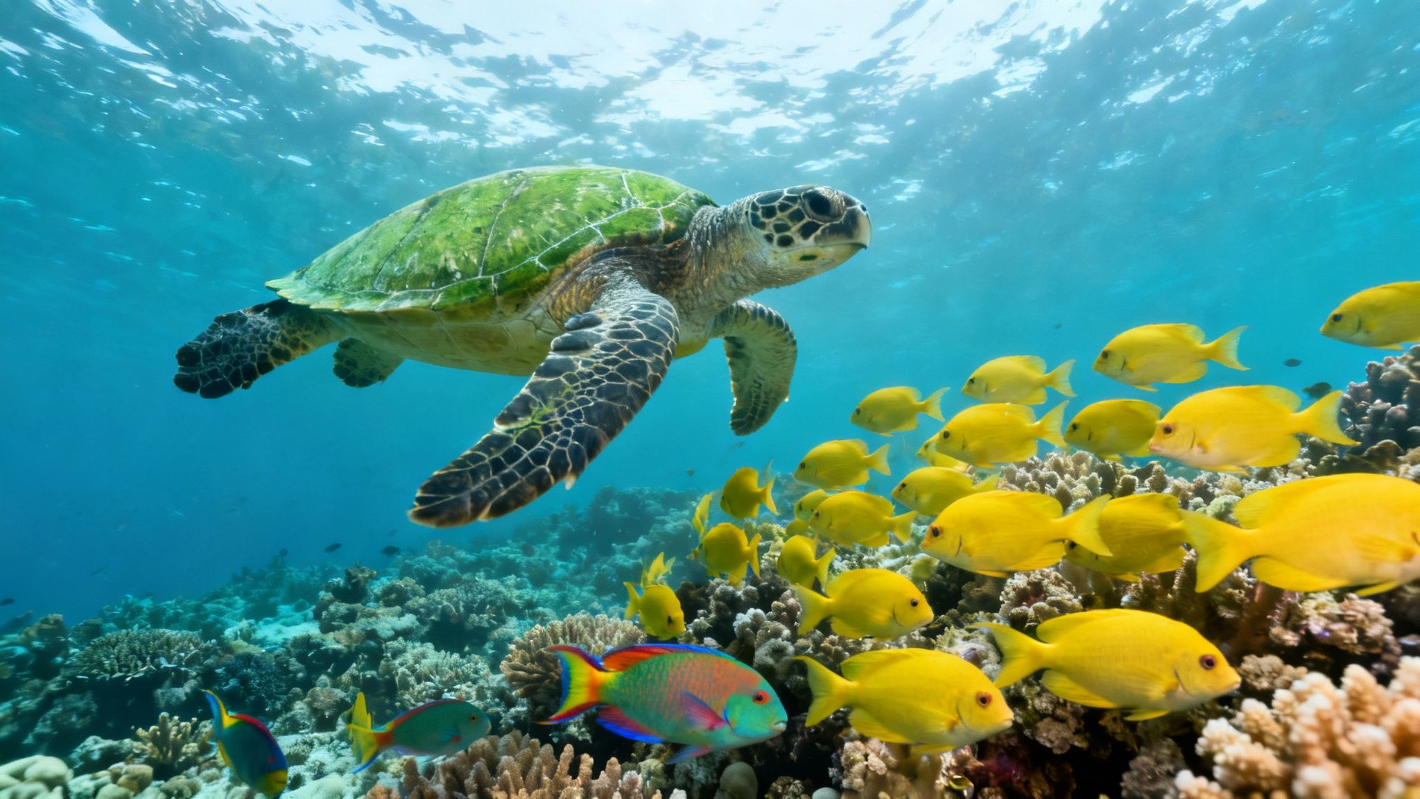 Underwater scene with a majestic green sea turtle, yellow fish, and colorful coral reef.