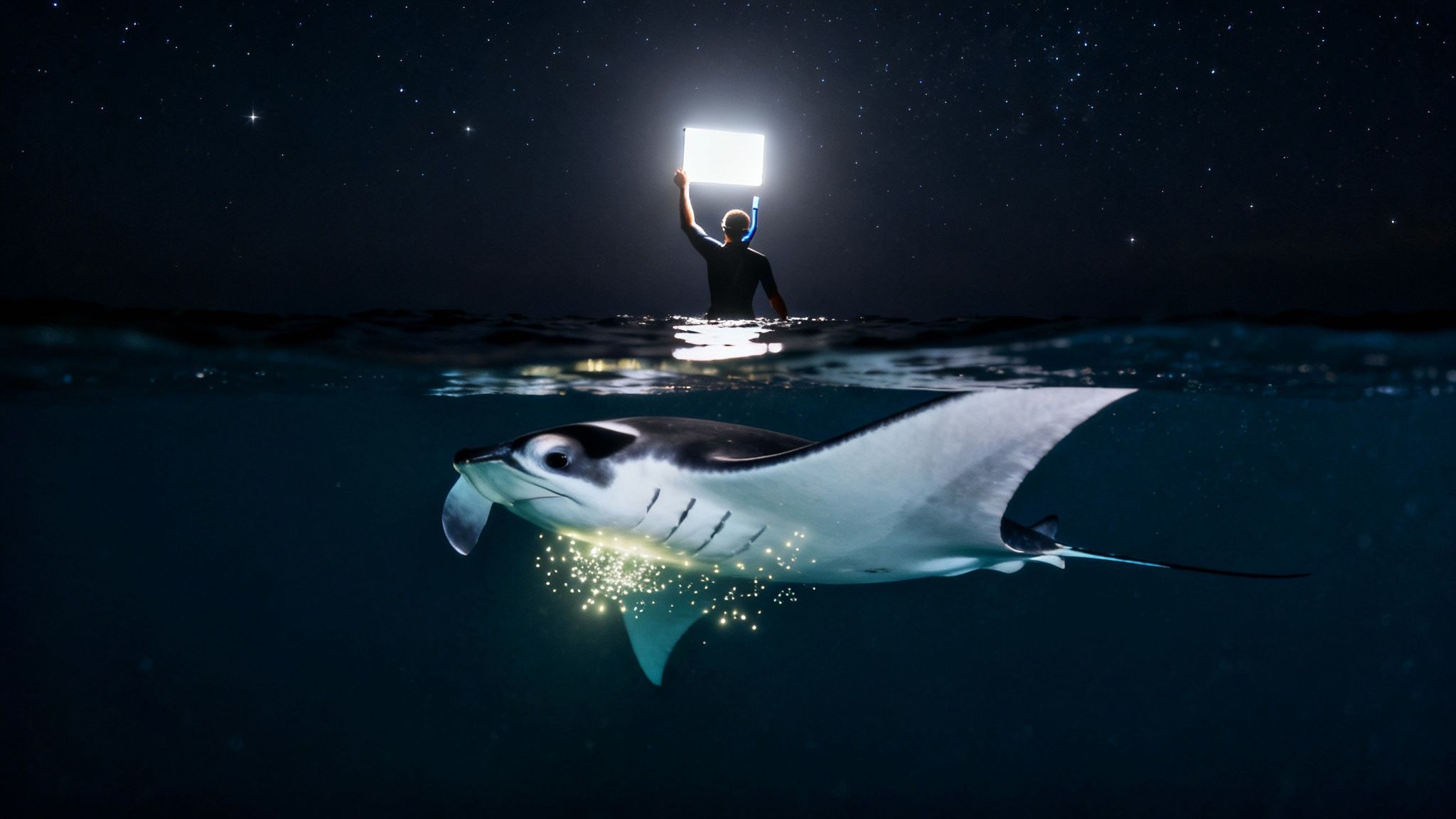A person holding a light above dark water at night, illuminating a manta ray with glowing bioluminescence.