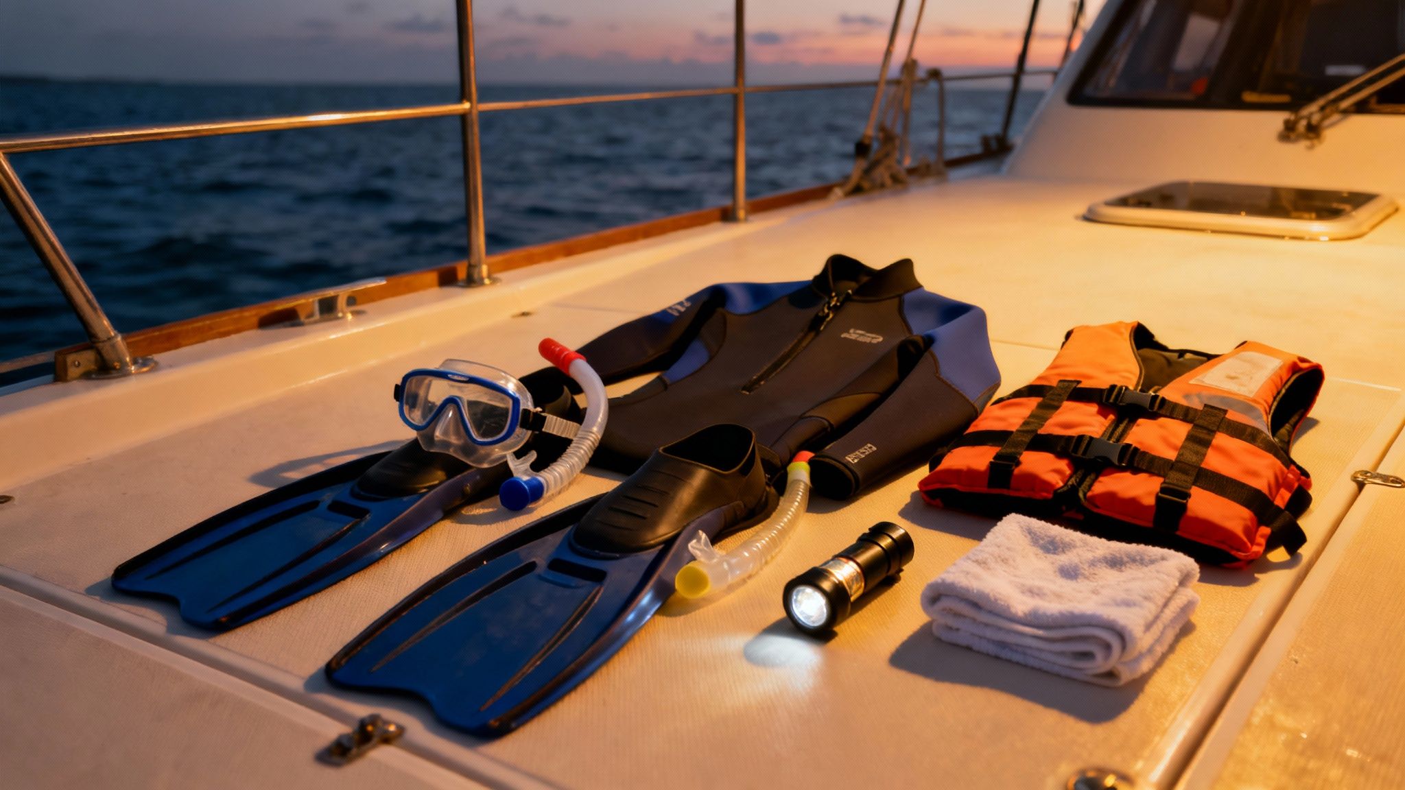 Snorkel and dive gear, including wetsuit, fins, mask, and life vest, laid on a boat deck.