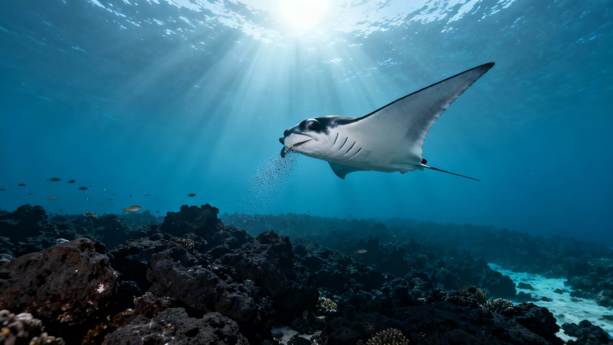 Two manta rays swimming gracefully in the dark ocean, illuminated by lights from above.