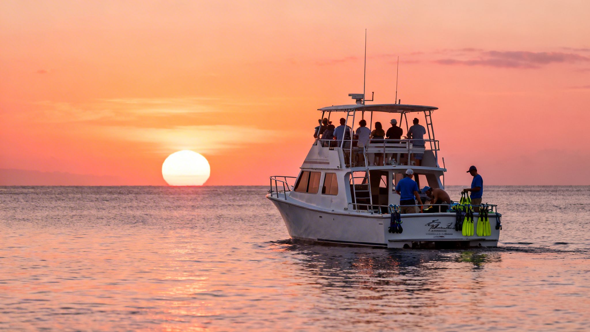 A white boat with people and diving gear sailing into a breathtaking orange sunset.