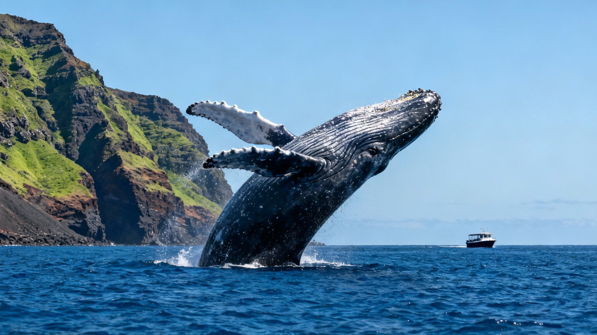 A magnificent humpback whale breaches high out of the blue ocean, with lush green cliffs and a distant boat.