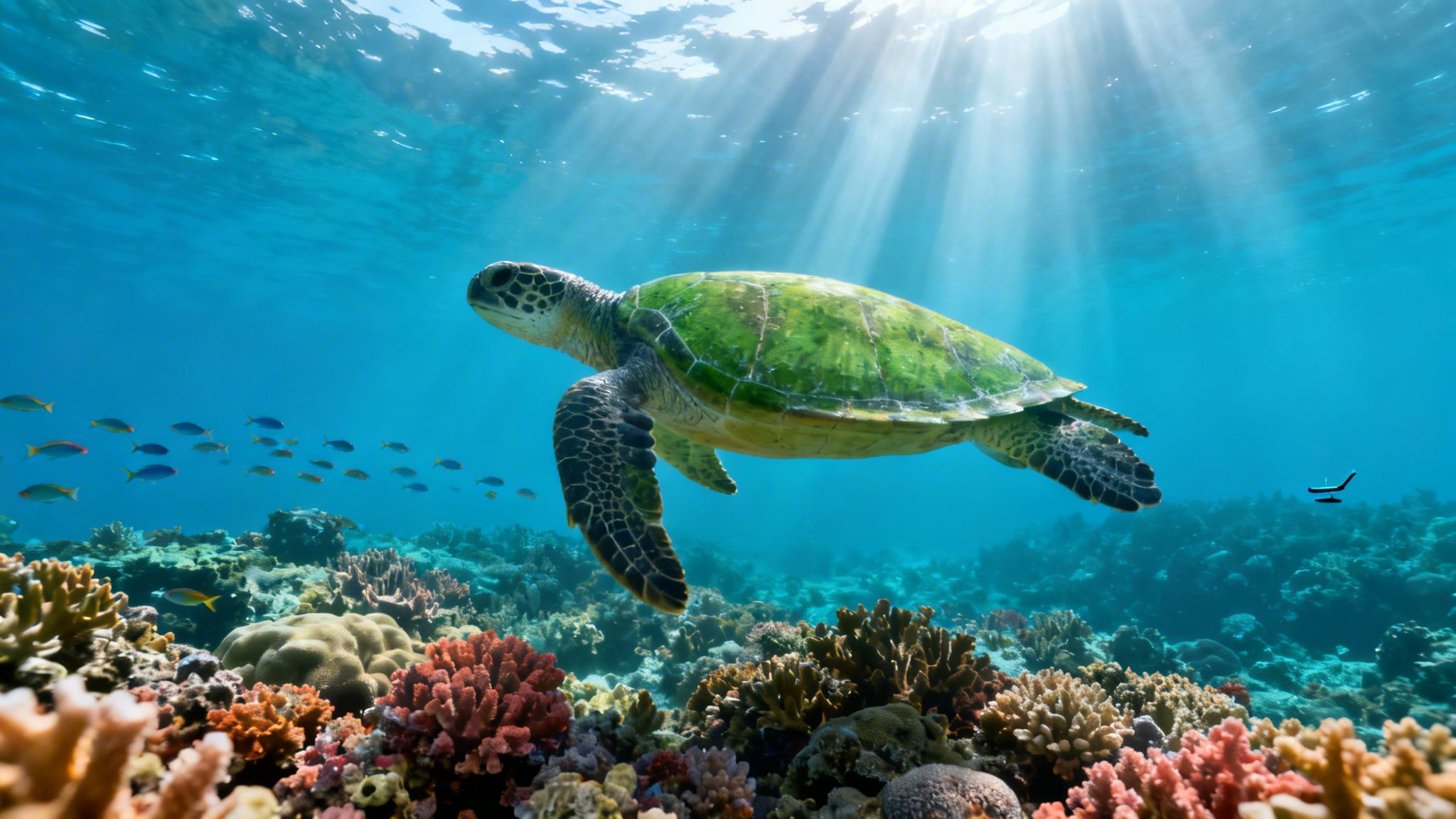 A majestic green sea turtle swims gracefully over a vibrant coral reef in the clear blue ocean.
