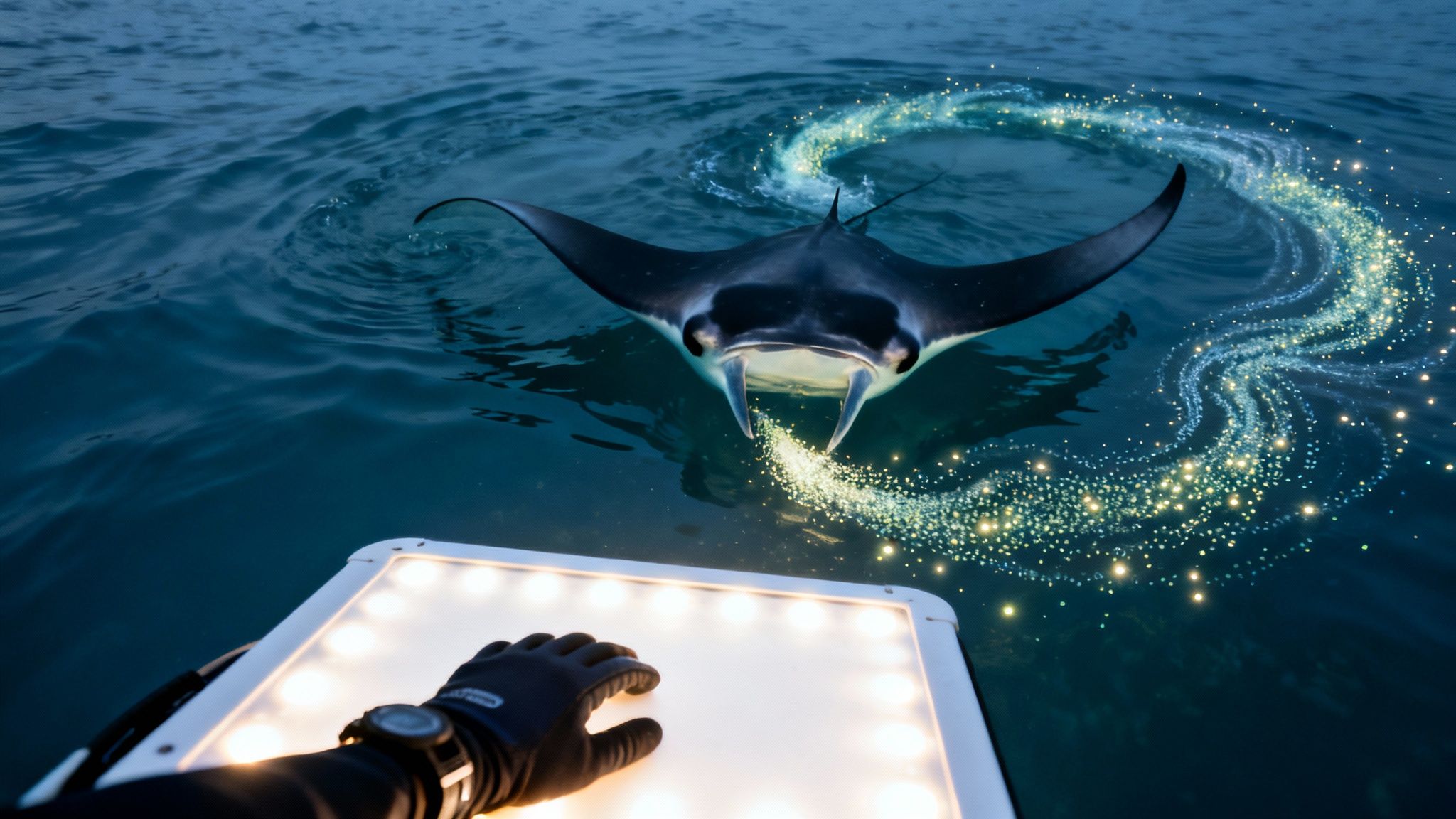 A manta ray with a sparkling bioluminescent trail swims towards a diver holding an underwater light.