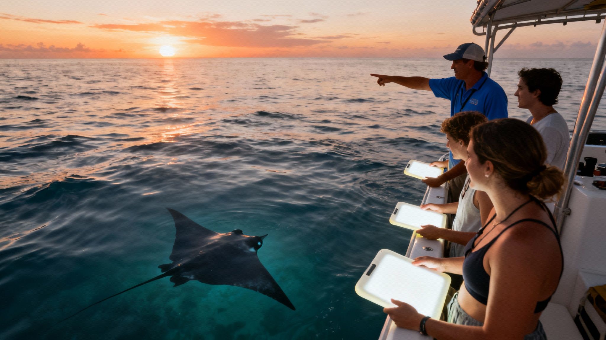 People on a boat at sunset observing a majestic manta ray in the ocean with glowing lights.