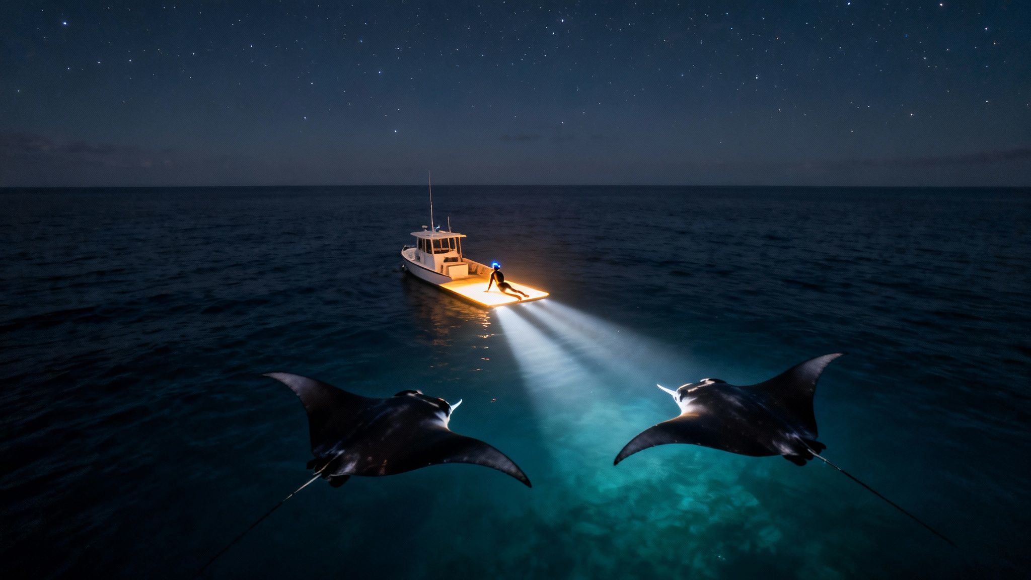 A person on a boat illuminates the ocean at night, attracting two majestic manta rays under a starry sky.