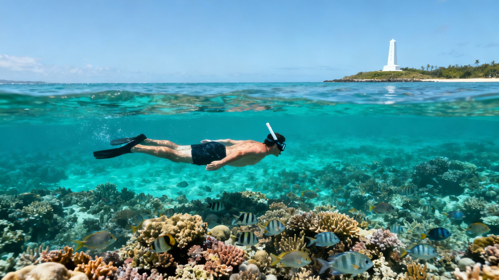 Man snorkeling over a vibrant coral reef with tropical fish, a lighthouse and blue sky above water.