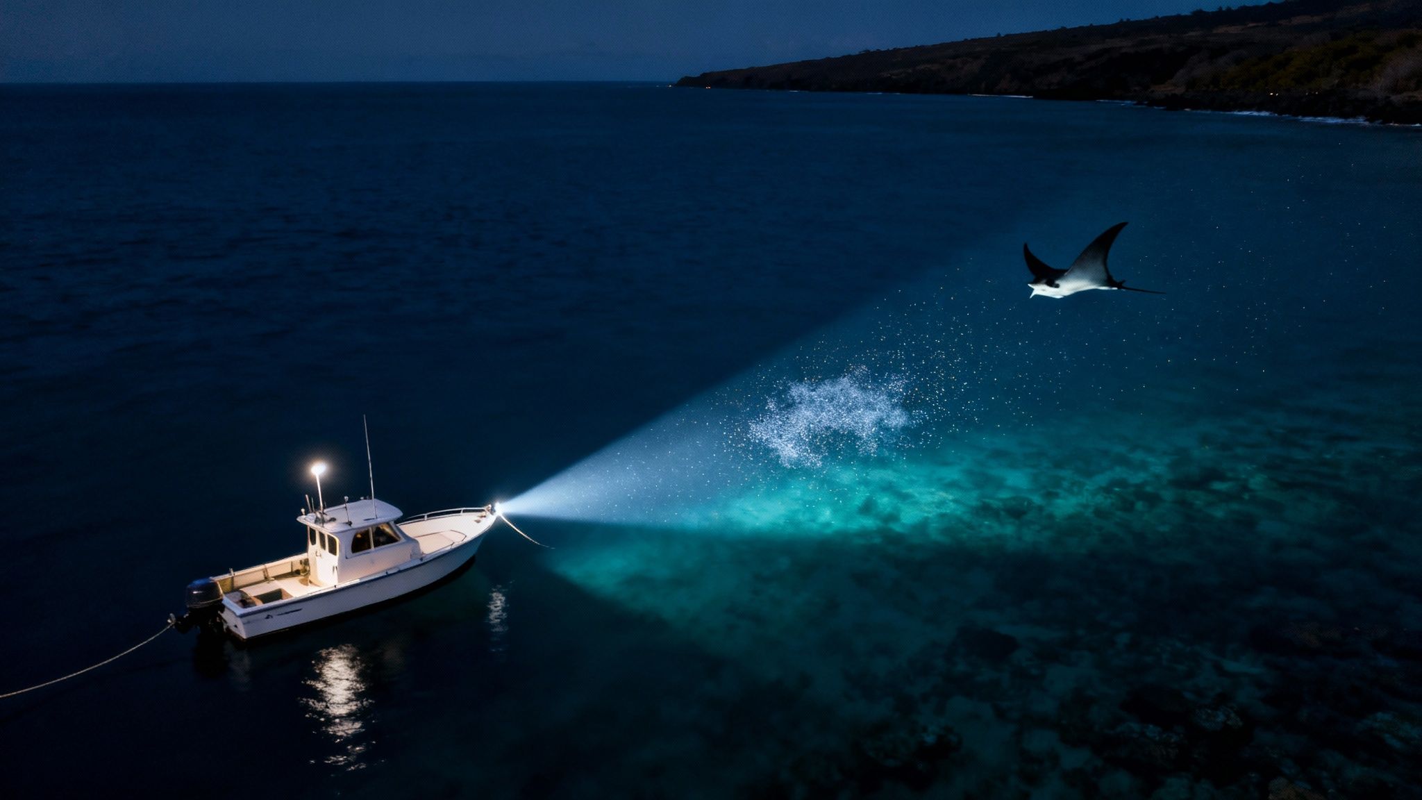 A manta ray gracefully swims near the surface at night, illuminated by snorkelers' lights.