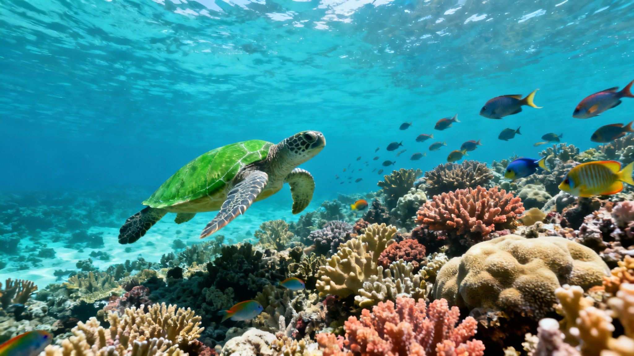 A vibrant underwater scene at Kealakekua Bay, Hawaii, with colorful coral and schools of fish.