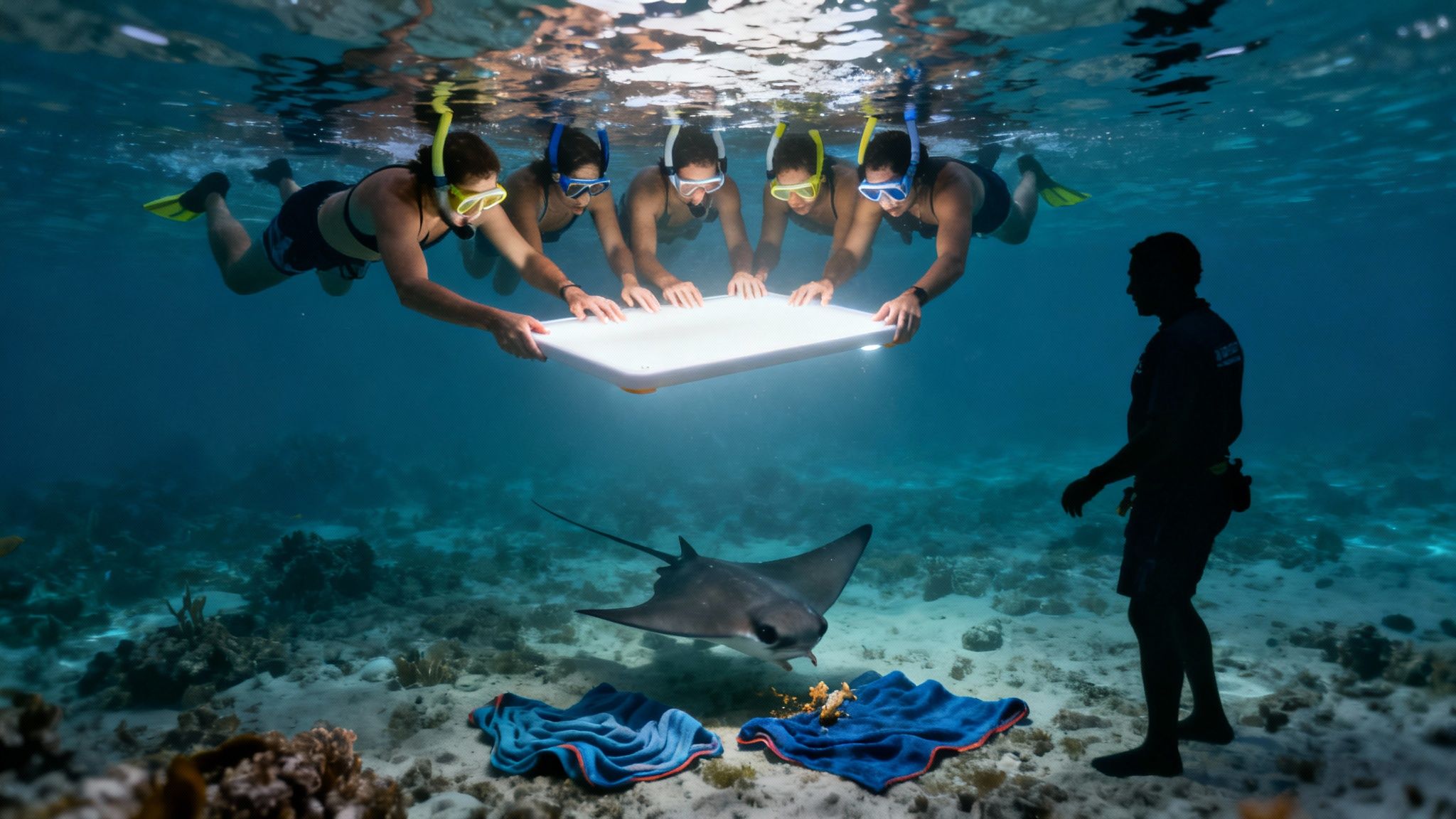 Snorkelers holding onto a floating light board watching a manta ray glide underneath