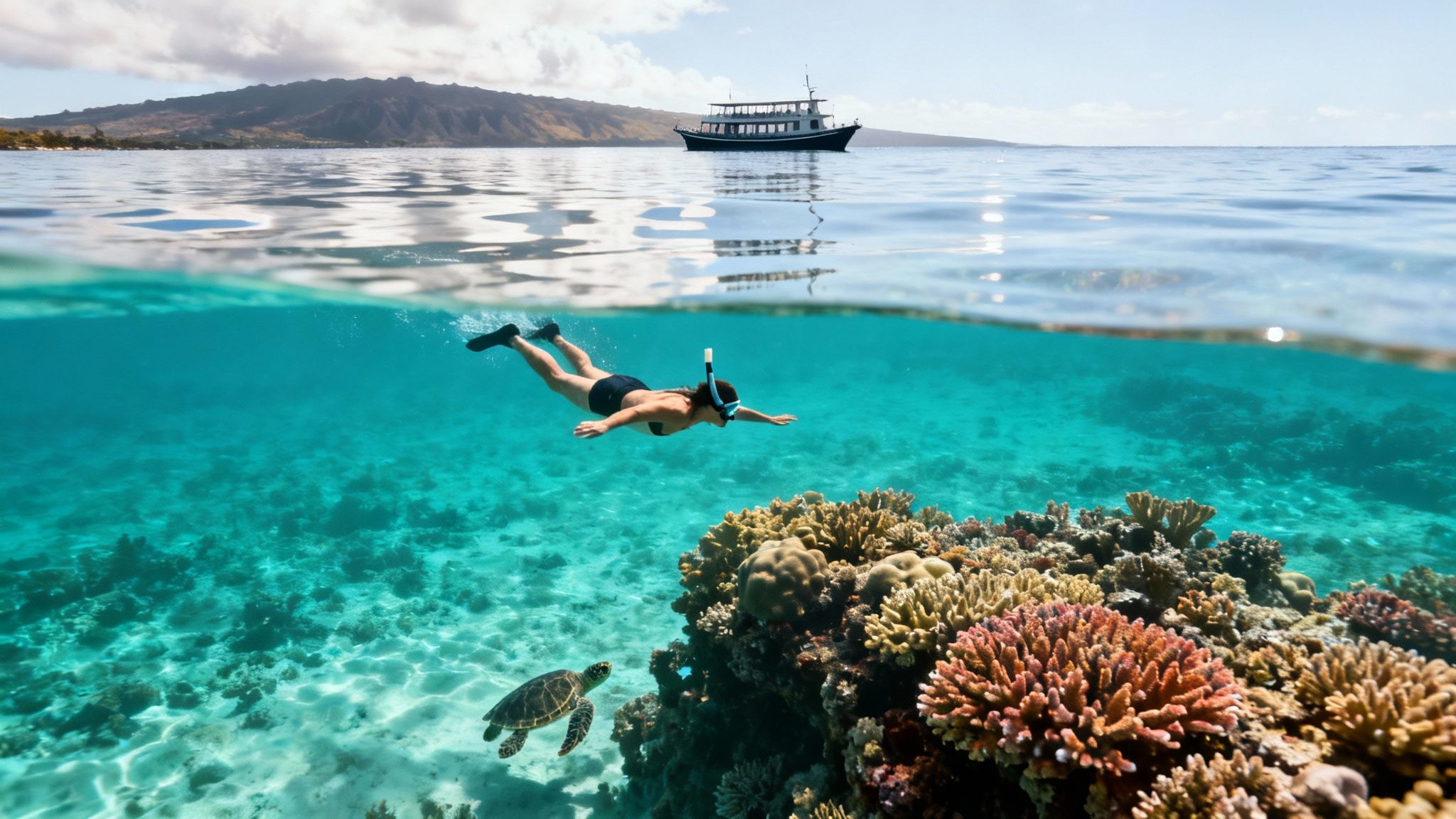Underwater view of a snorkeler and sea turtle near colorful coral reefs, with a boat and island above.