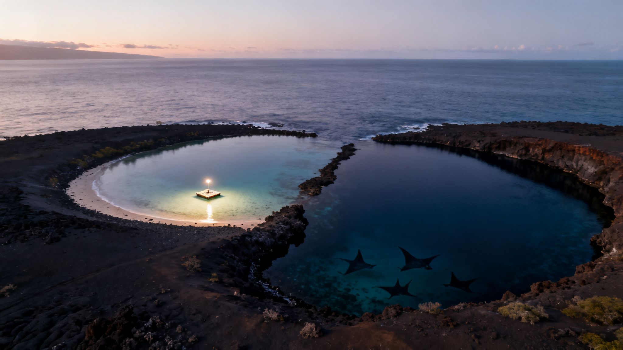 Aerial view of two volcanic lagoons with a glowing light and manta rays at twilight.