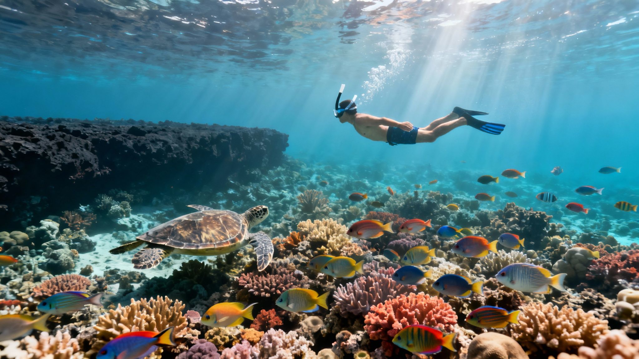 A person snorkeling with a sea turtle and colorful fish over a vibrant coral reef.