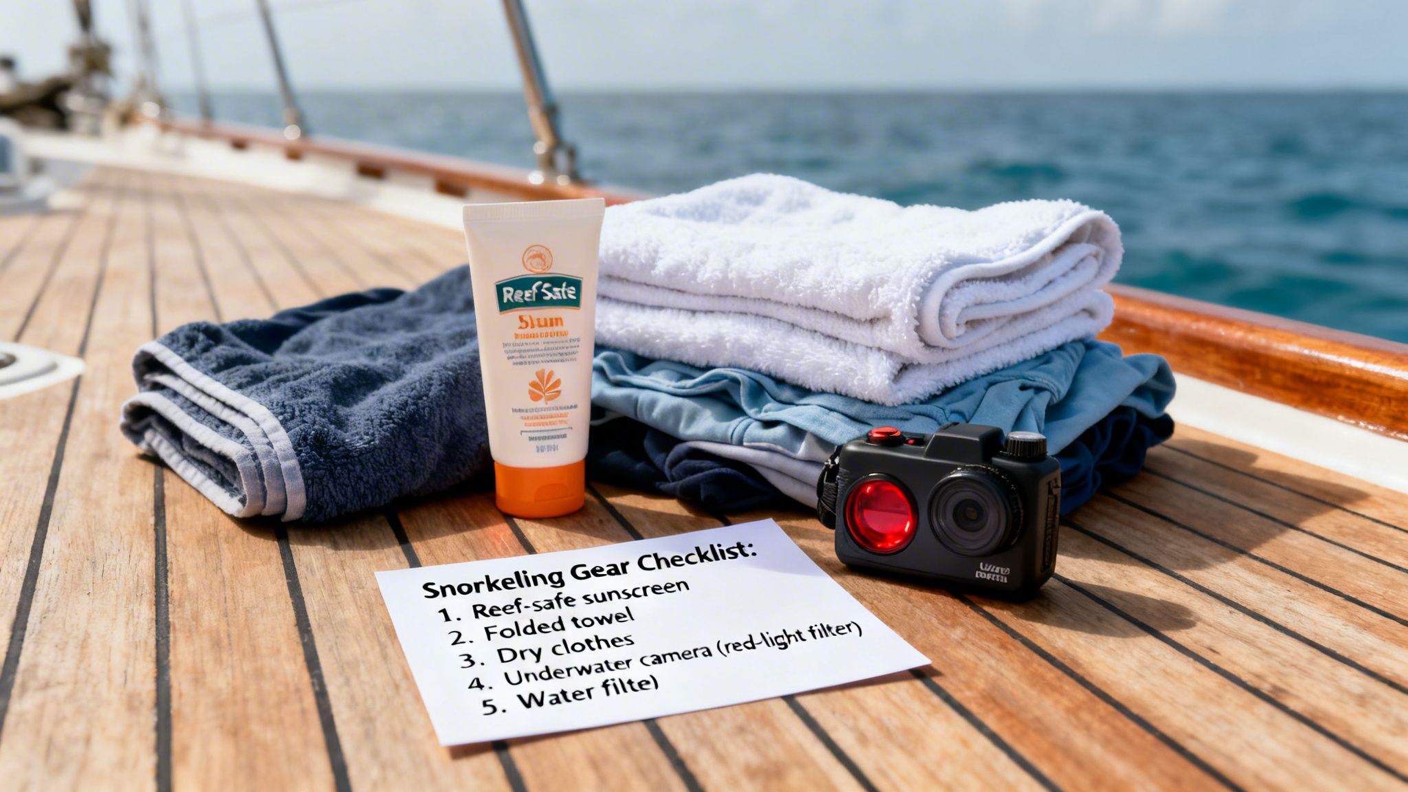 Snorkeling essentials laid out on a boat deck, including reef-safe sunscreen, towels, clothes, and an underwater camera.