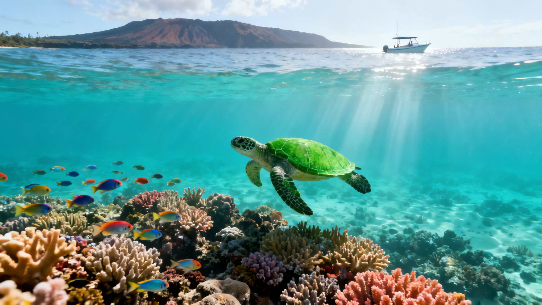 An over/under shot of a vibrant coral reef with a sea turtle, colorful fish, an island, and a boat.