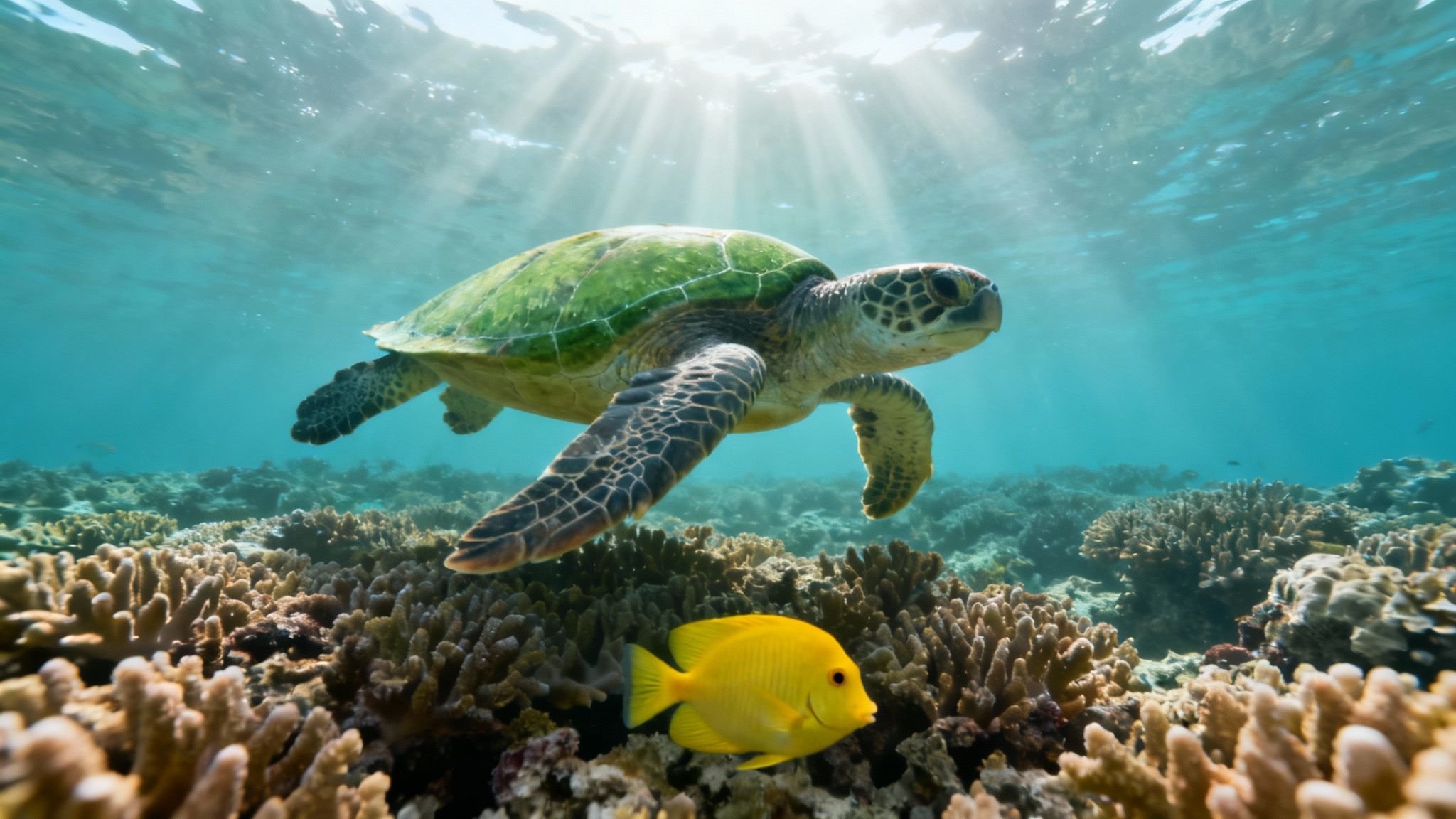 A large Hawaiian green sea turtle swims gracefully over the coral reef in Kealakekua Bay.