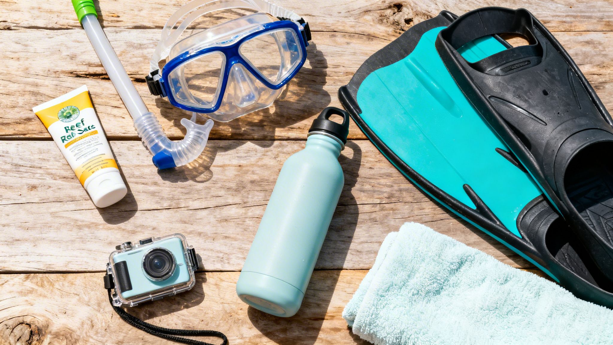 A flat lay of snorkeling gear including a mask, snorkel, fins, sunscreen, water bottle, and camera on wood.