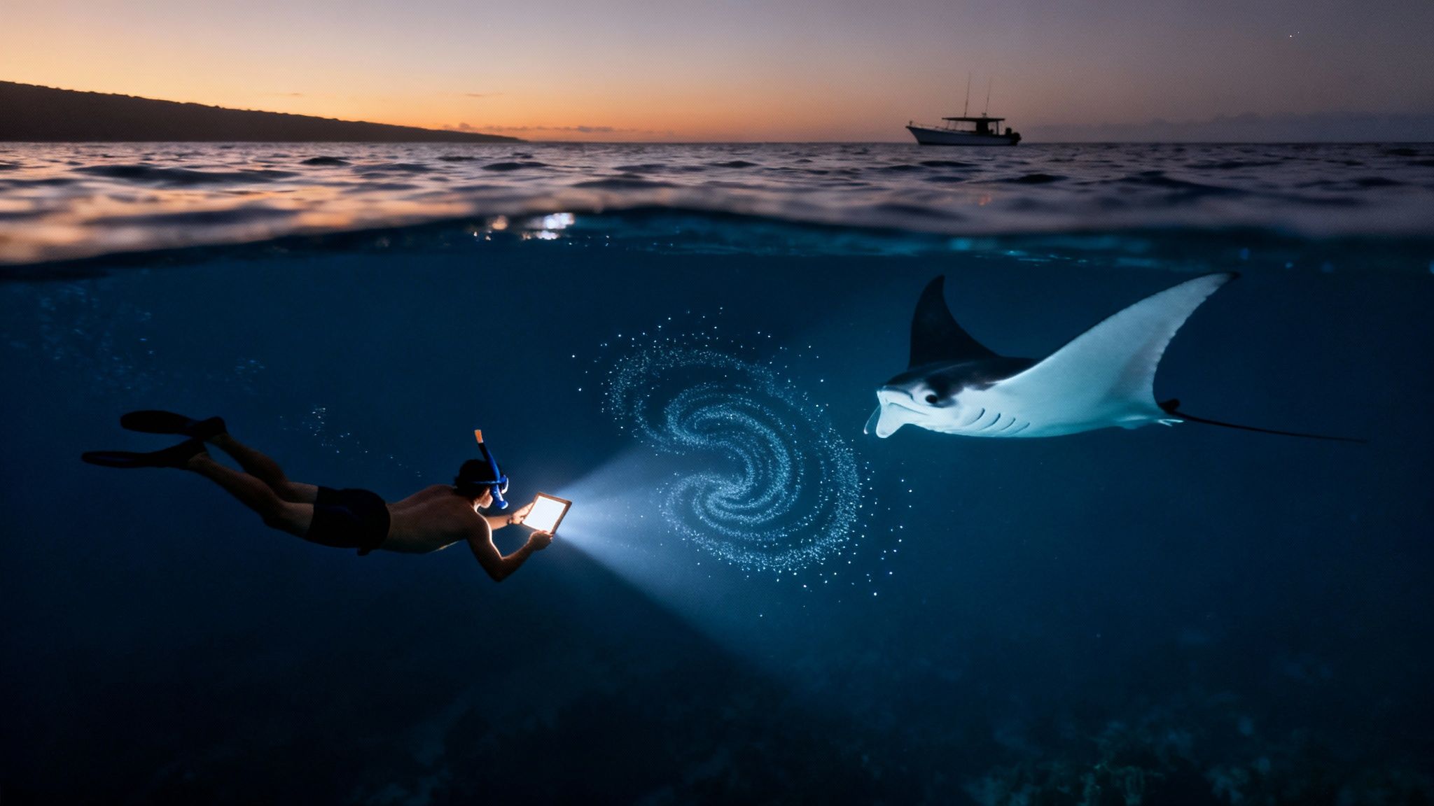 A snorkeler shines a light, creating a glowing spiral in the water for a manta ray at sunset.