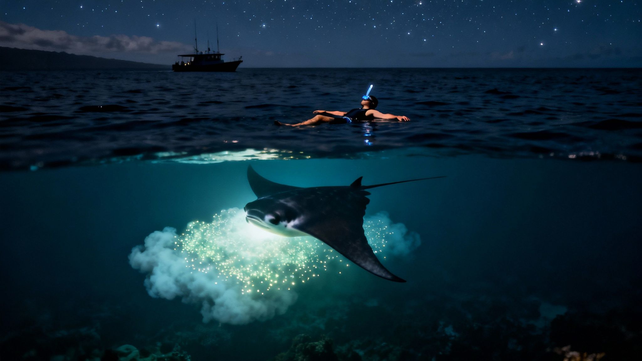 A split shot of a person snorkeling at night and a manta ray with glowing bioluminescence.