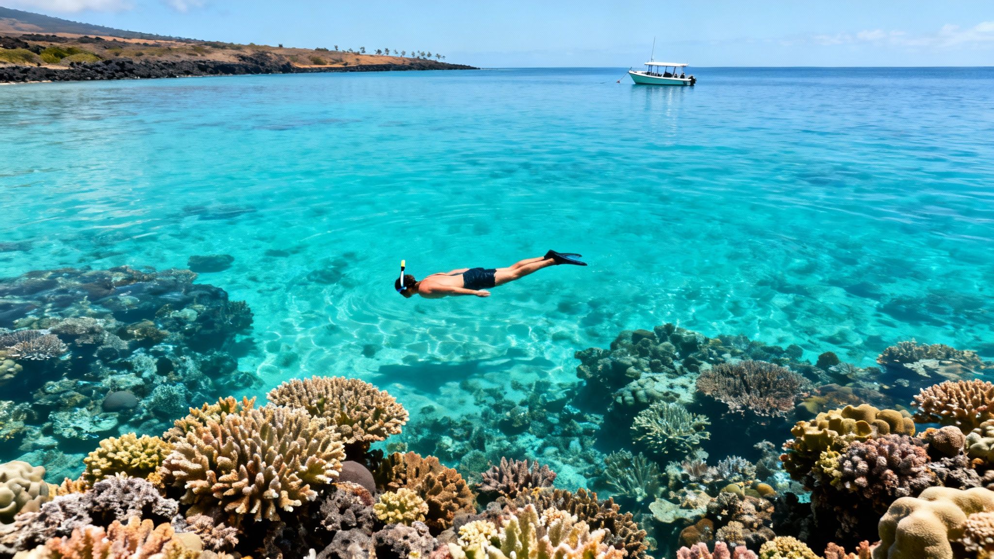 A person snorkeling over a vibrant coral reef in clear turquoise water with a boat and coastline in the background.