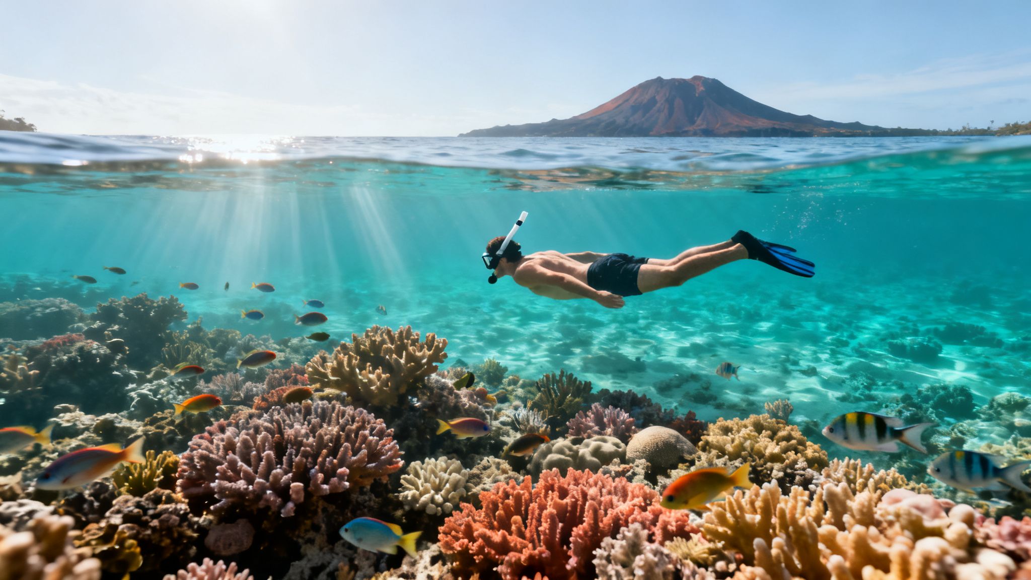 Man snorkeling over a colorful coral reef with fish, sun rays, and a distant volcanic island.