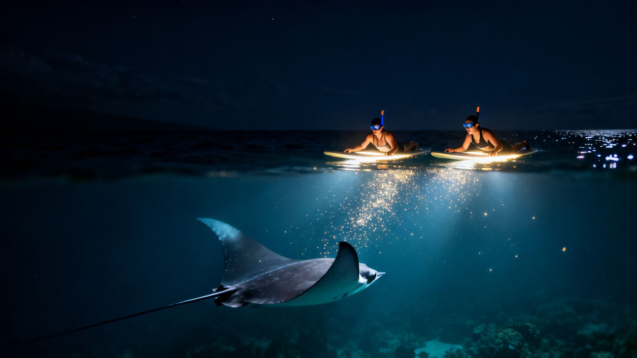 Night snorkeling in Kona, Hawaii with two people on illuminated boards and a majestic manta ray.