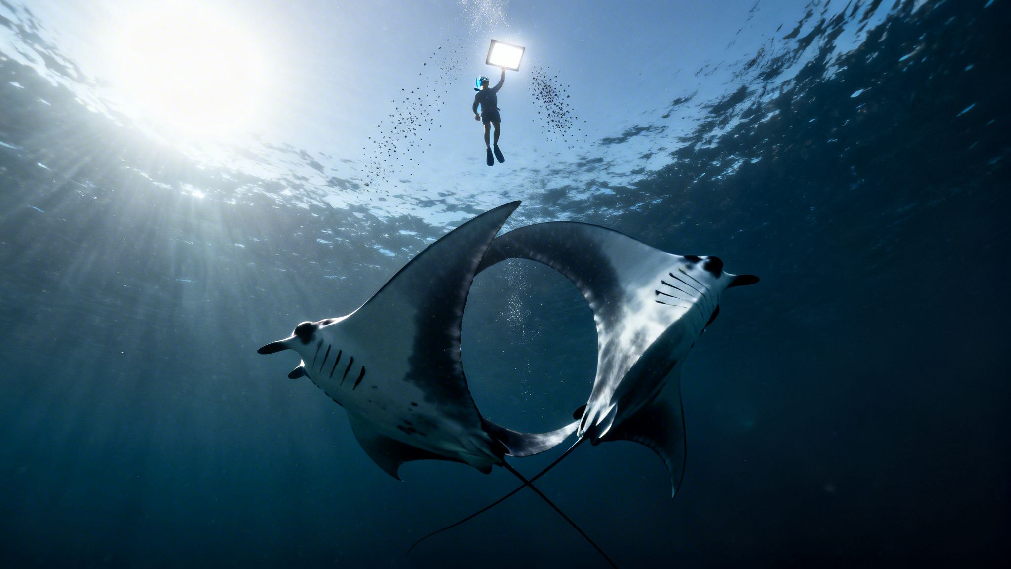 Underwater scene with a diver attracting two manta rays with a light, sun rays from the surface.