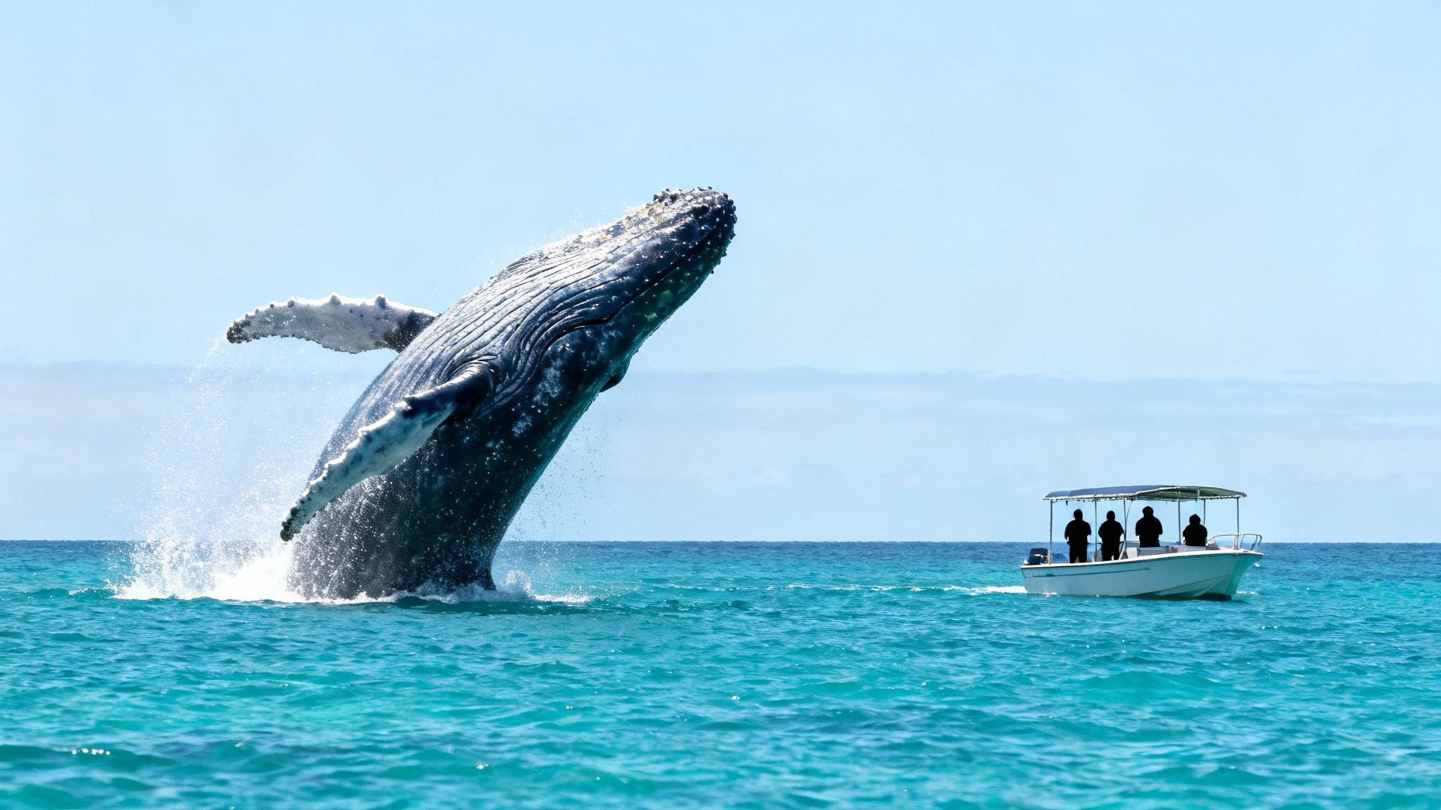 A majestic humpback whale breaches spectacularly out of turquoise ocean water near a small tourist boat.