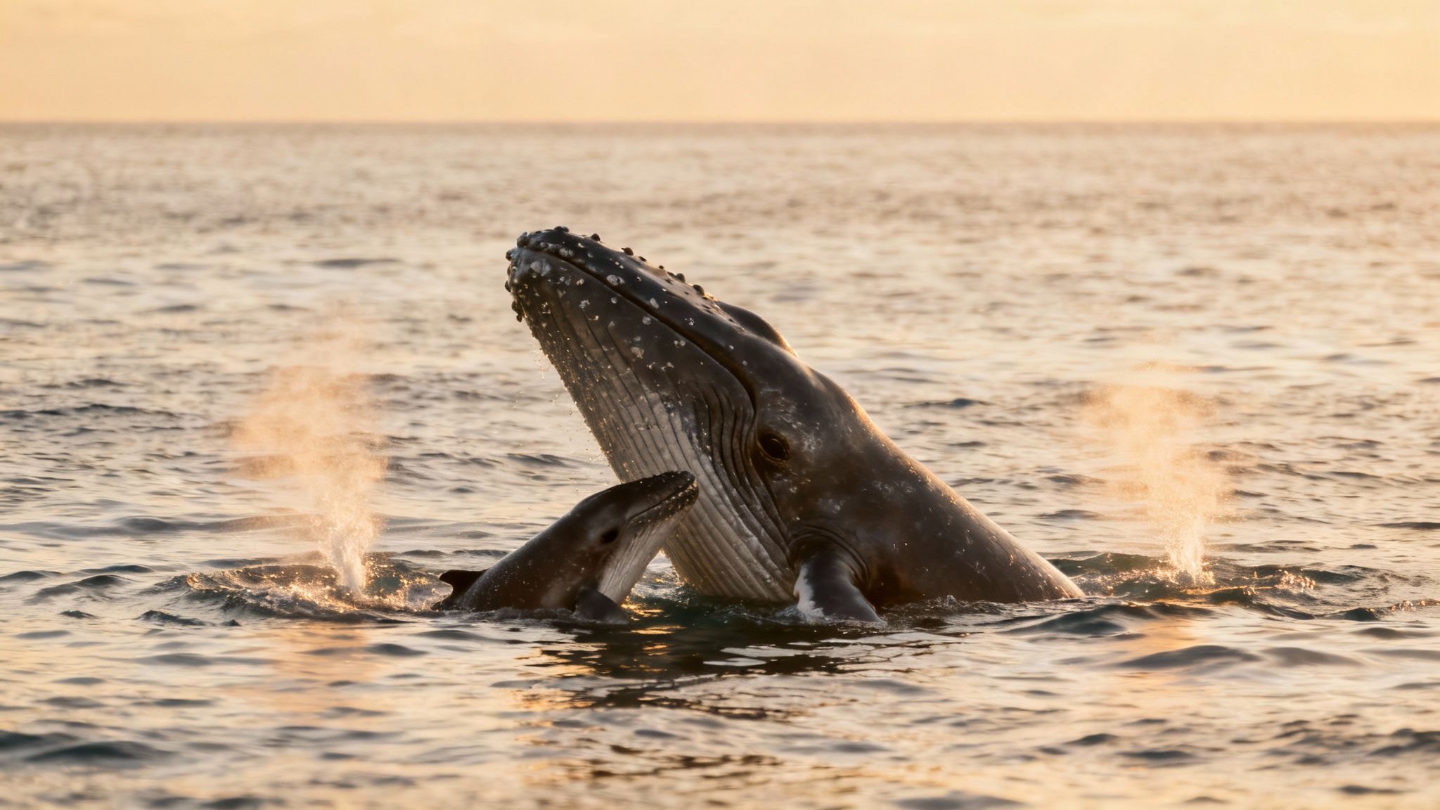A mother humpback whale and her calf swimming together in the blue ocean.