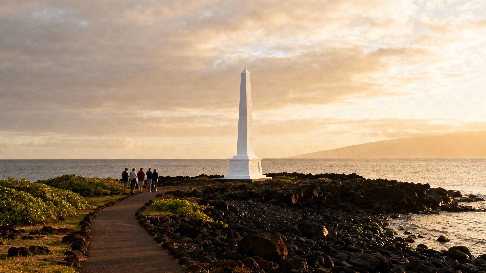 White Captain Cook monument on a rocky Hawaiian coast at sunset with people and path.