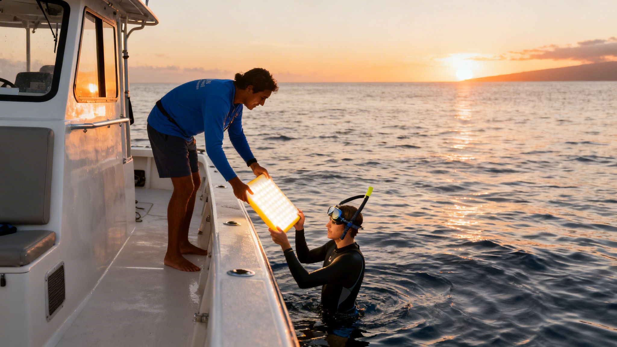 Man on boat gives glowing light to diver with snorkel mask at sunset over ocean.