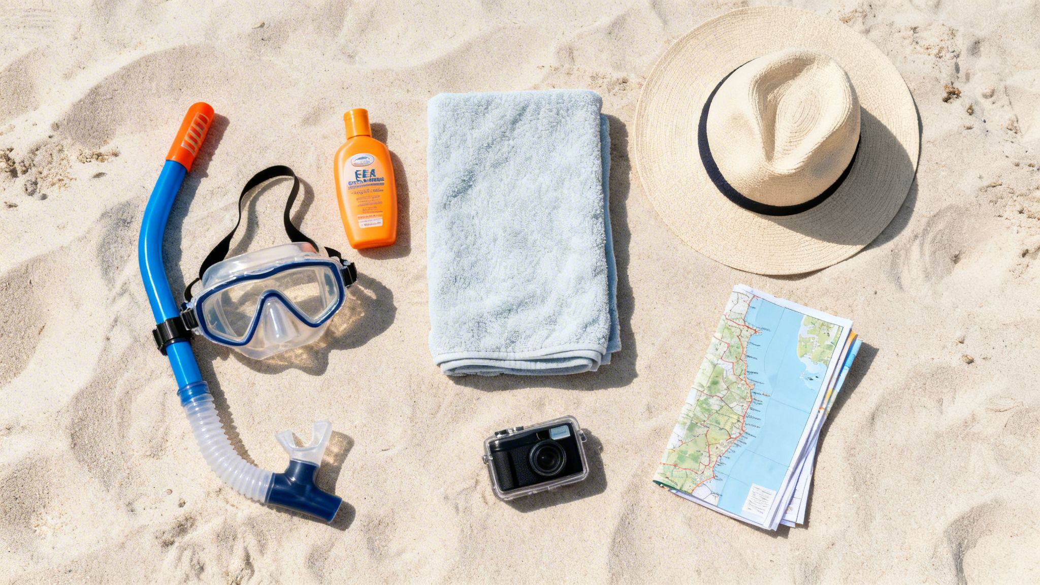 A flat lay of beach essentials on sand, including snorkeling gear, sunscreen, a towel, hat, camera, and map.