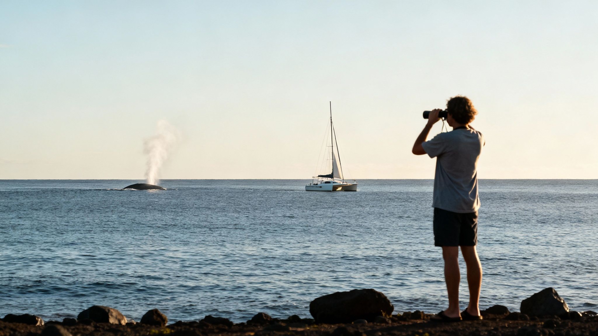 Tourist observing humpback whale breaching near sailboat during whale watching tour in Kailua Kona