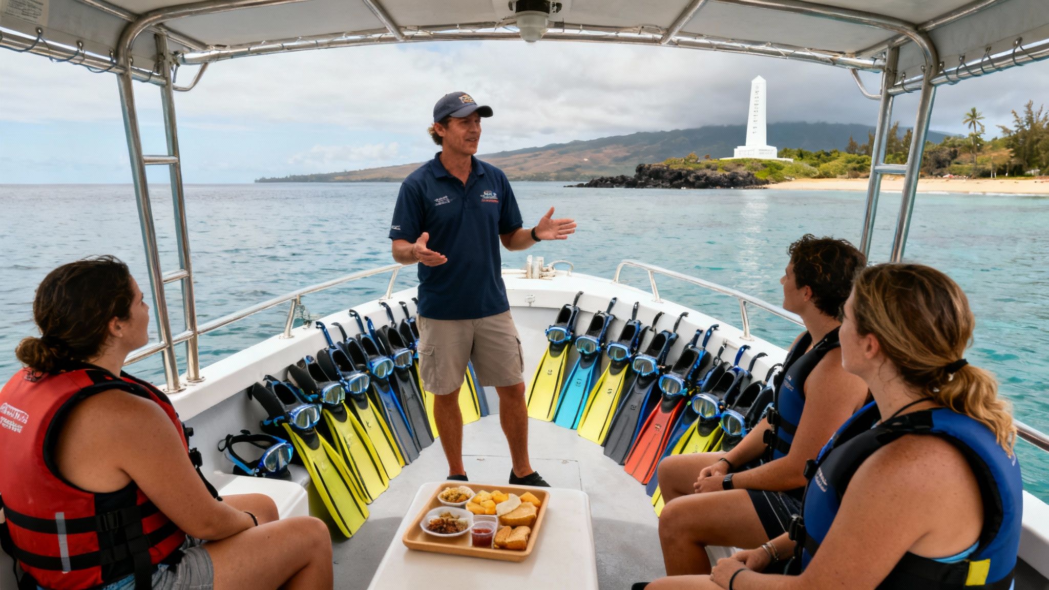 A male guide on a boat addresses snorkelers, surrounded by gear and snacks, with a coastal view.
