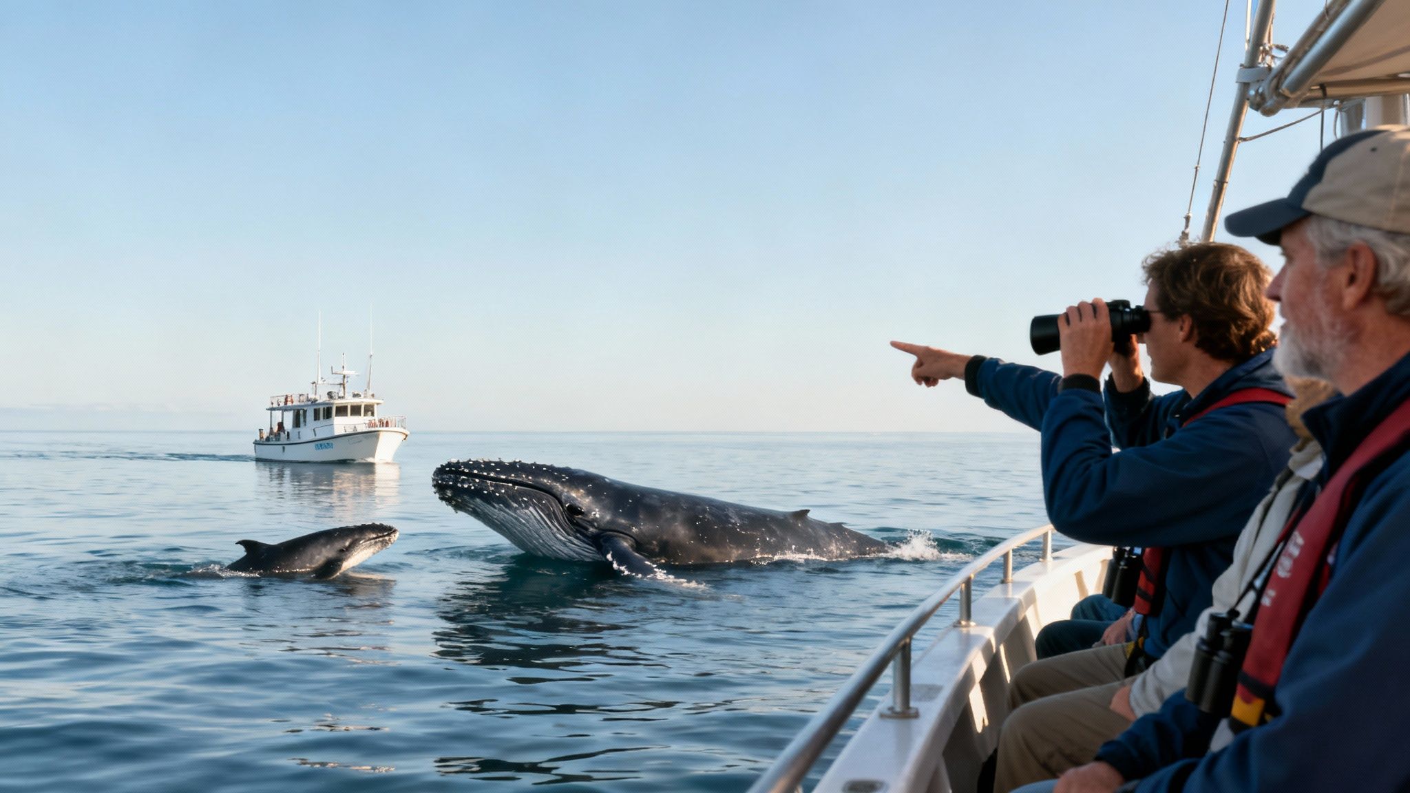 People on a whale watching boat observe two whales, an adult and a calf, in calm water.