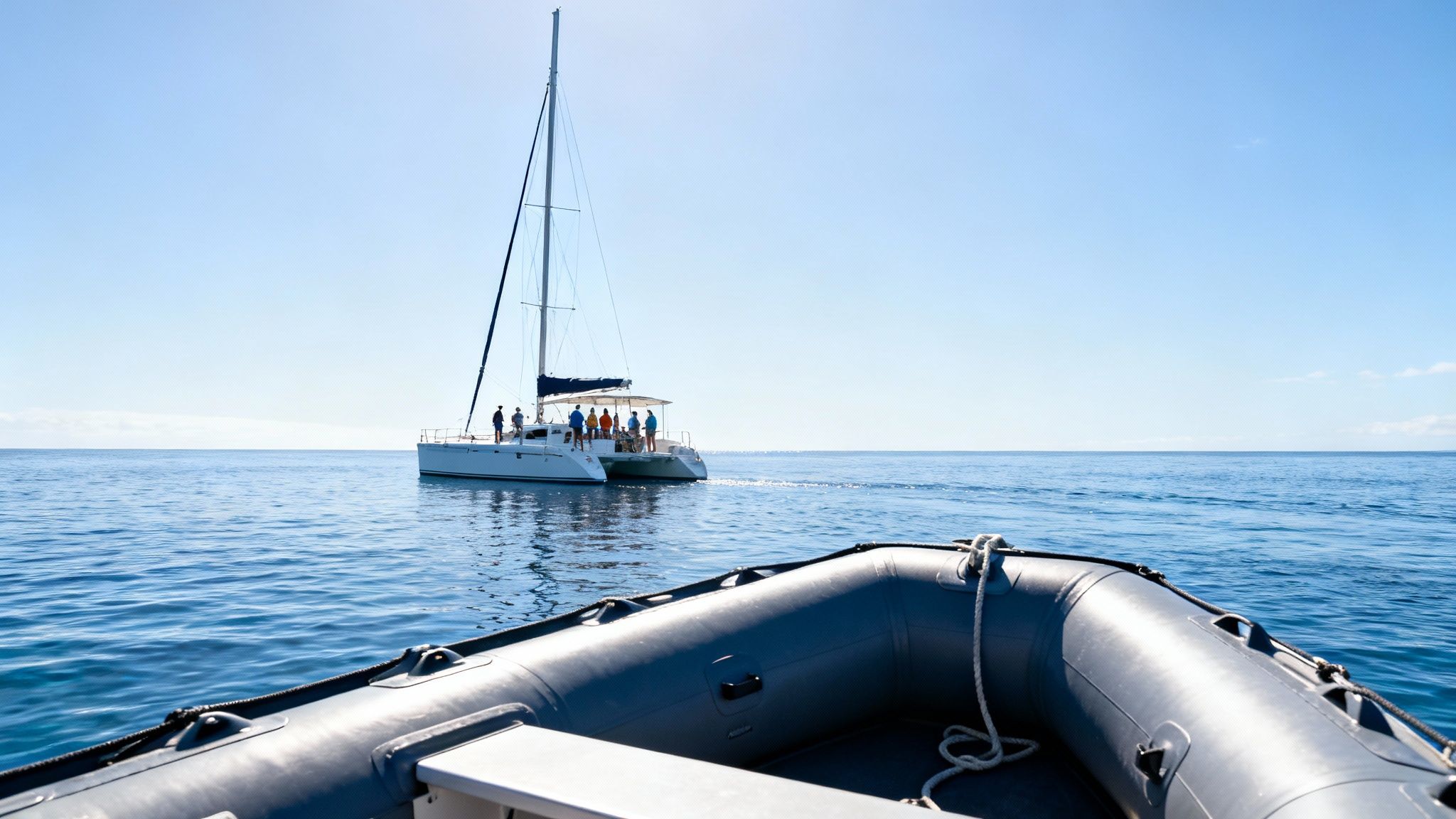 A small boat approaches a large catamaran filled with people enjoying the sunny ocean.