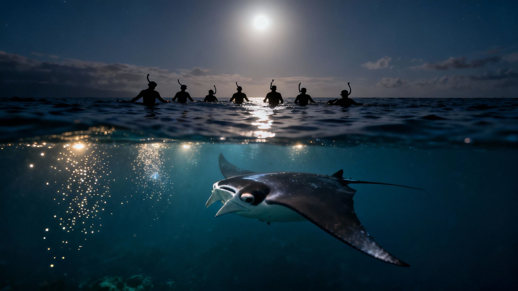 Stunning split-shot of snorkelers and a majestic manta ray under a full moon at night.