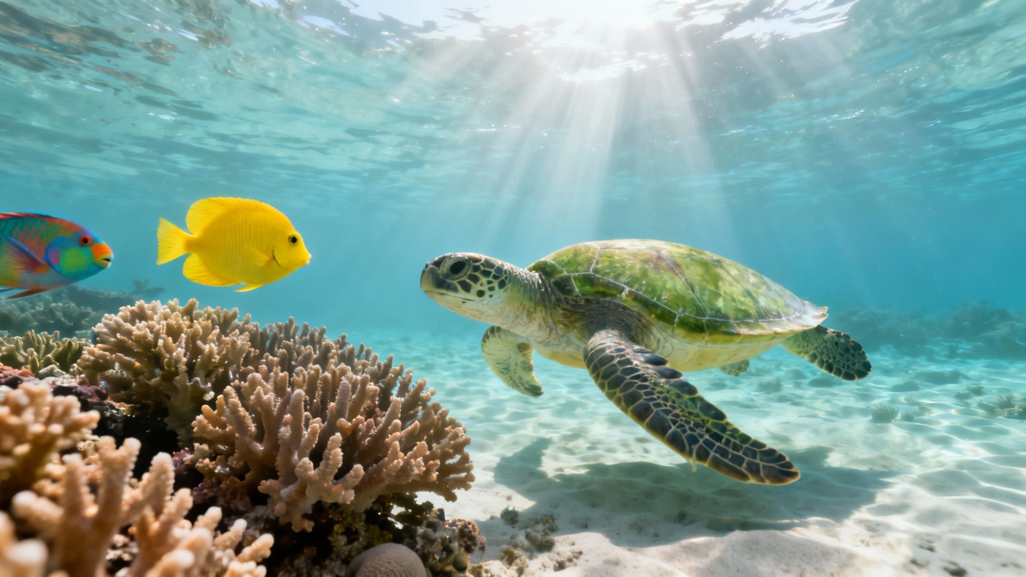 A green sea turtle swims past vibrant coral with two colorful fish in clear blue water.