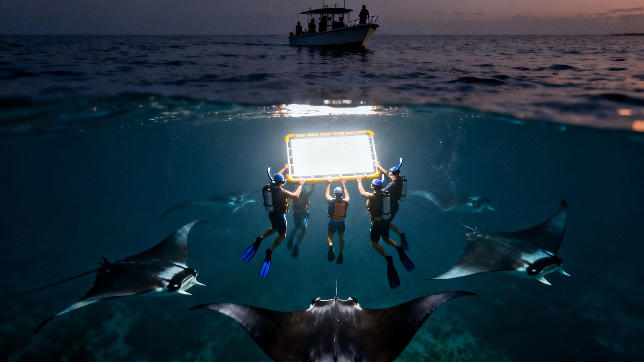 Scuba divers hold a large illuminated frame underwater, attracting several majestic manta rays at night, with a boat above.