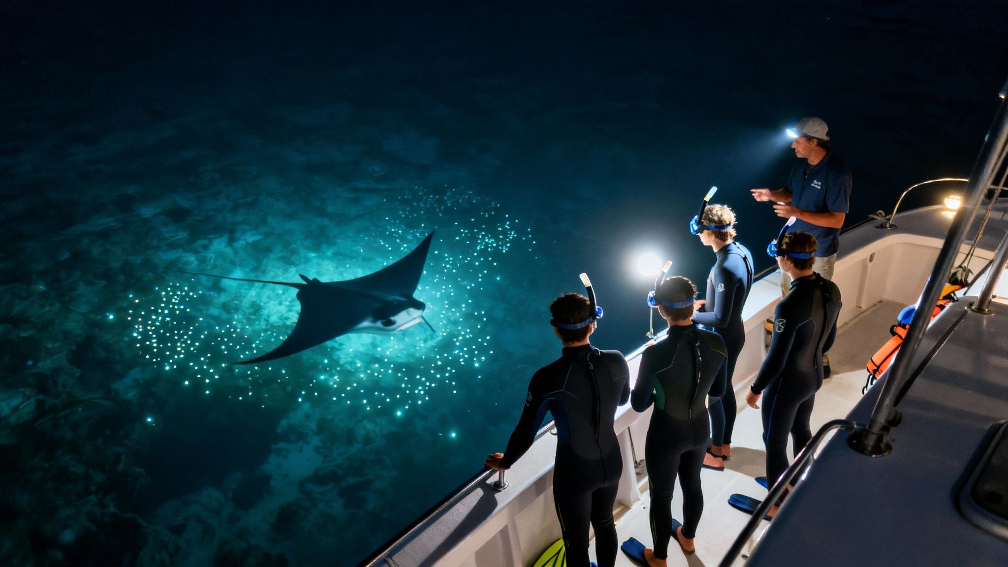 Snorkelers on a boat at night watch a majestic manta ray in glowing water.