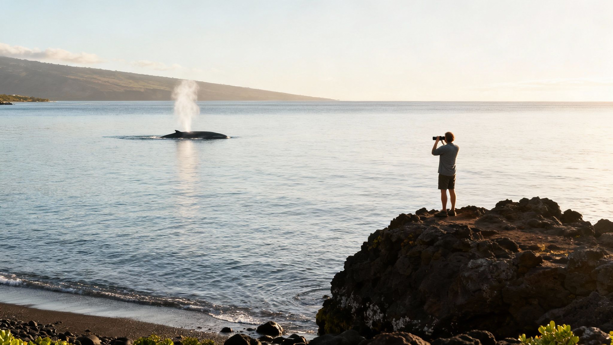 A pod of humpback whales swimming near the rugged coastline of the Big Island, Hawaii.